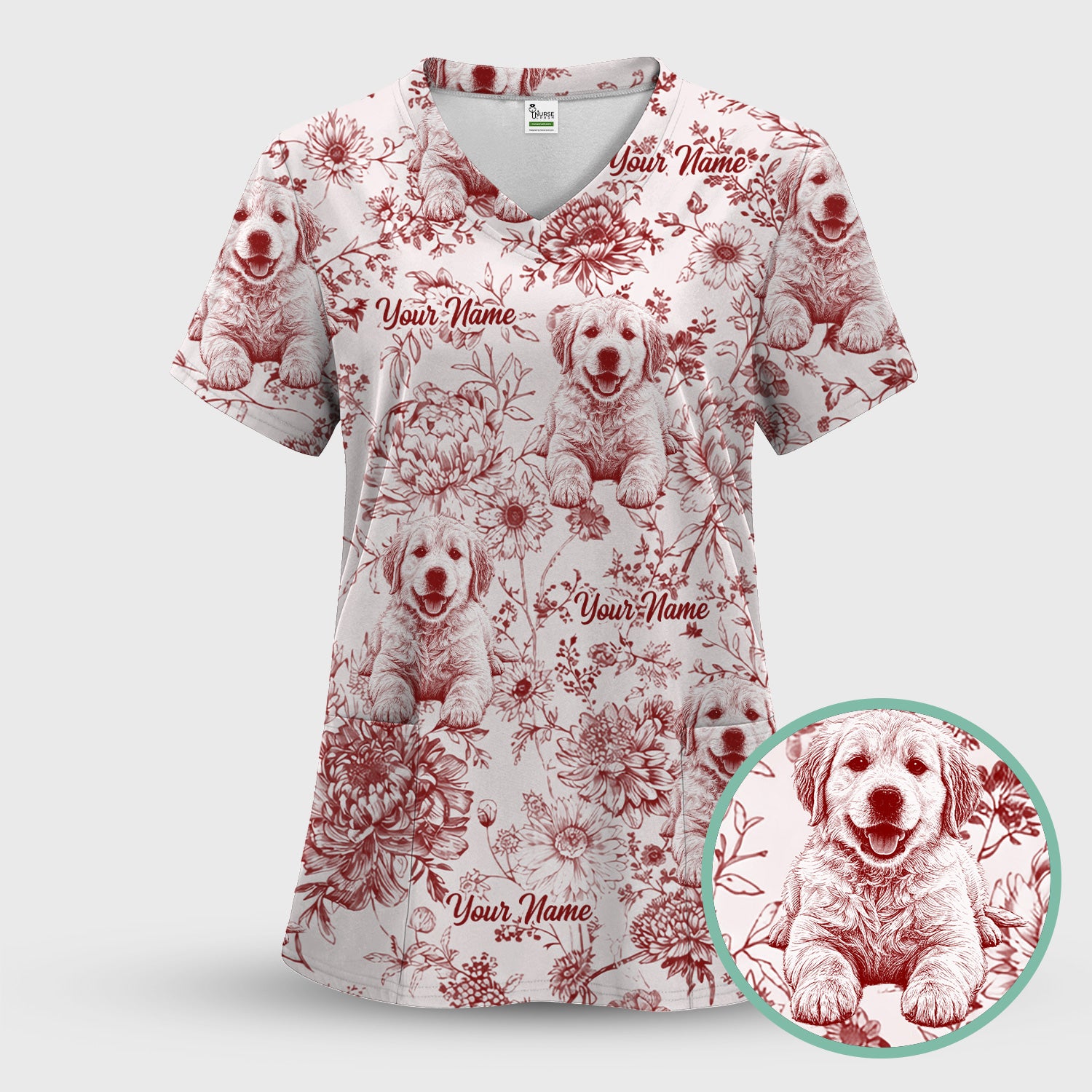 Personalized Custom Pet Photo Name Floral Pattern Scrub Top, Breathable Fabrics Nursing Uniform