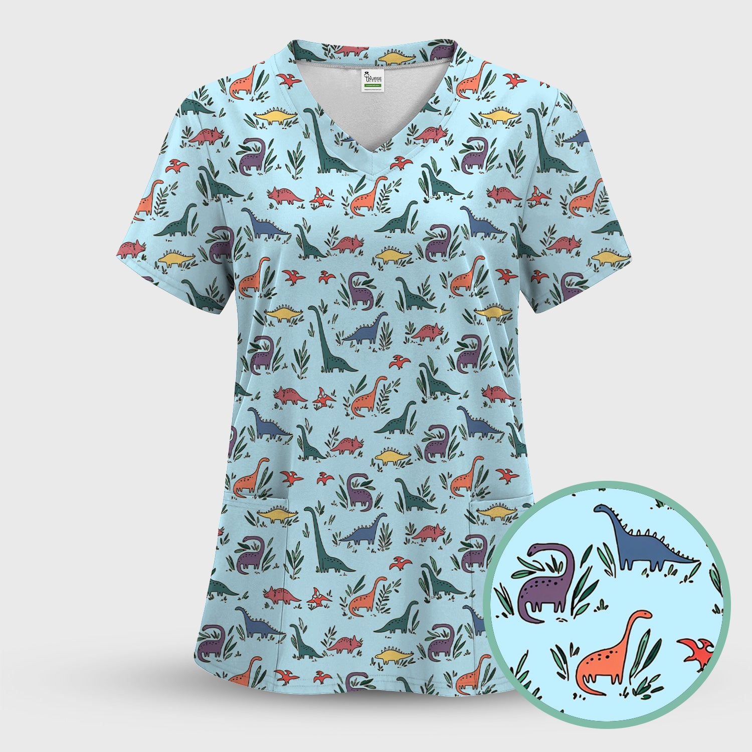 Cute Dinosaur Leafy Garden Pattern Scrub Set, Breathable Fabrics Nursing Uniform