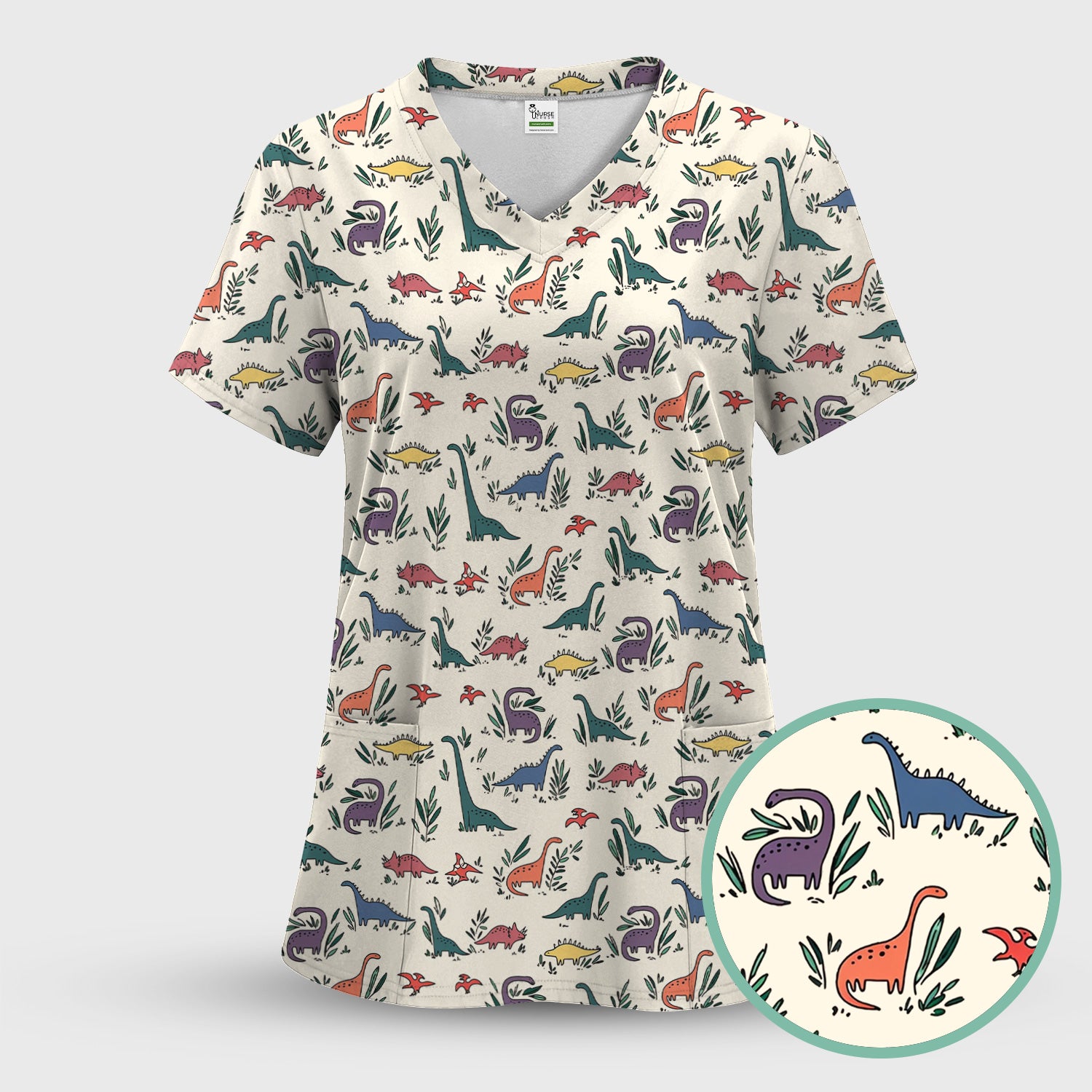 Cute Dinosaur Leafy Garden Pattern Scrub Set, Breathable Fabrics Nursing Uniform