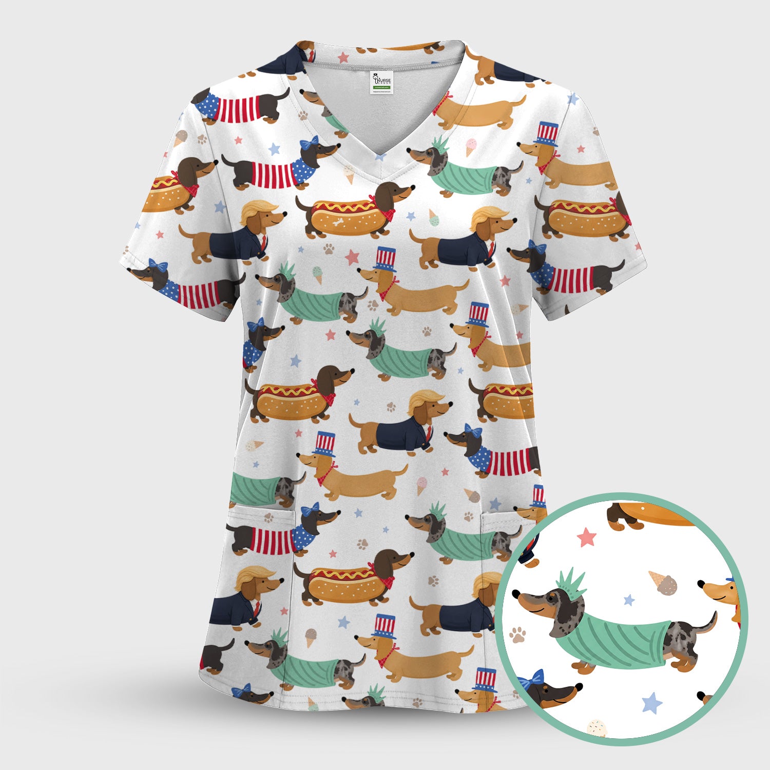 Funny Patriotic Dachshund Costume Dogs Scrub Set, Women's Scrub Sets