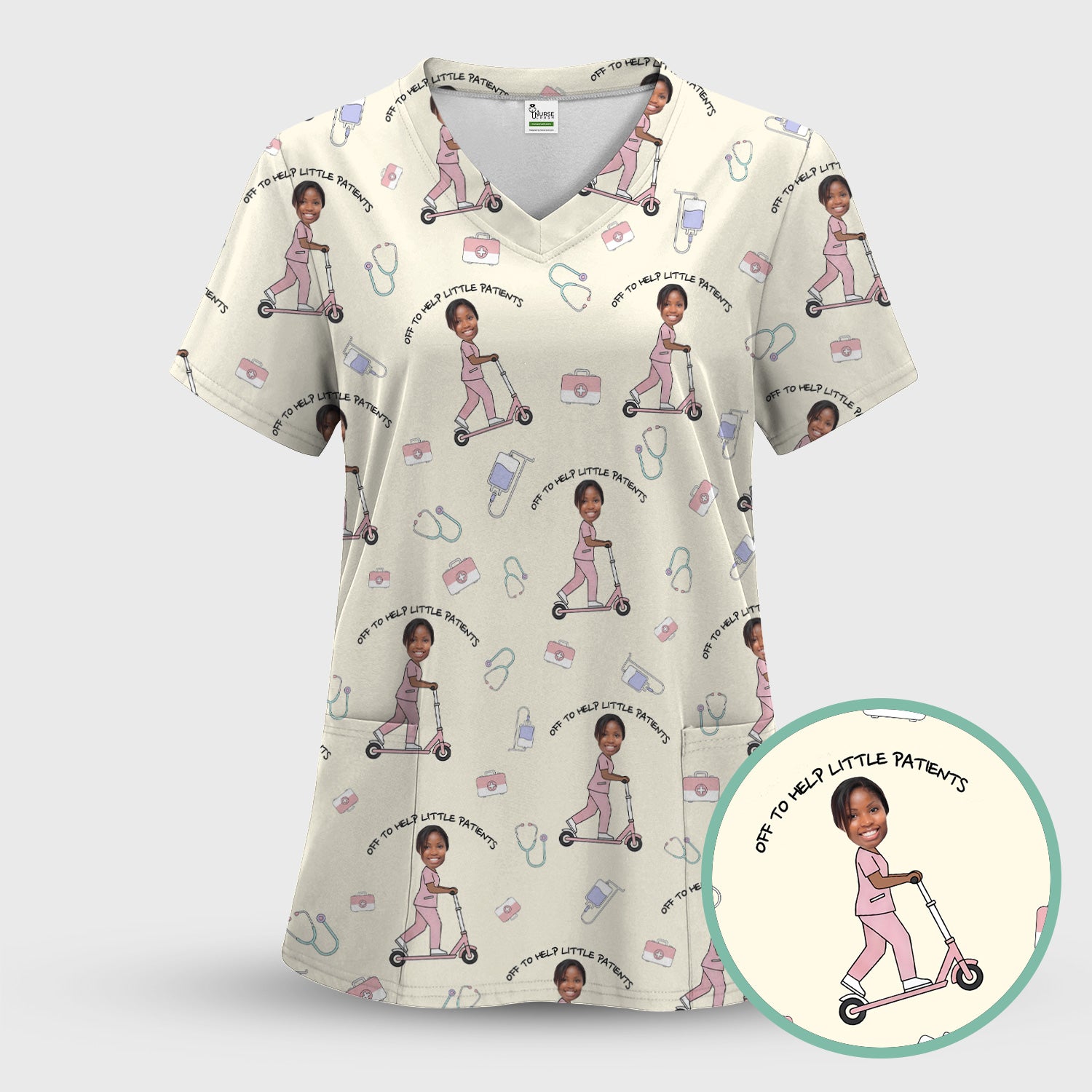 Custom Face Pediatric Nurse Scooter Pattern Scrub Set, Scrub Pants and V Neck Top