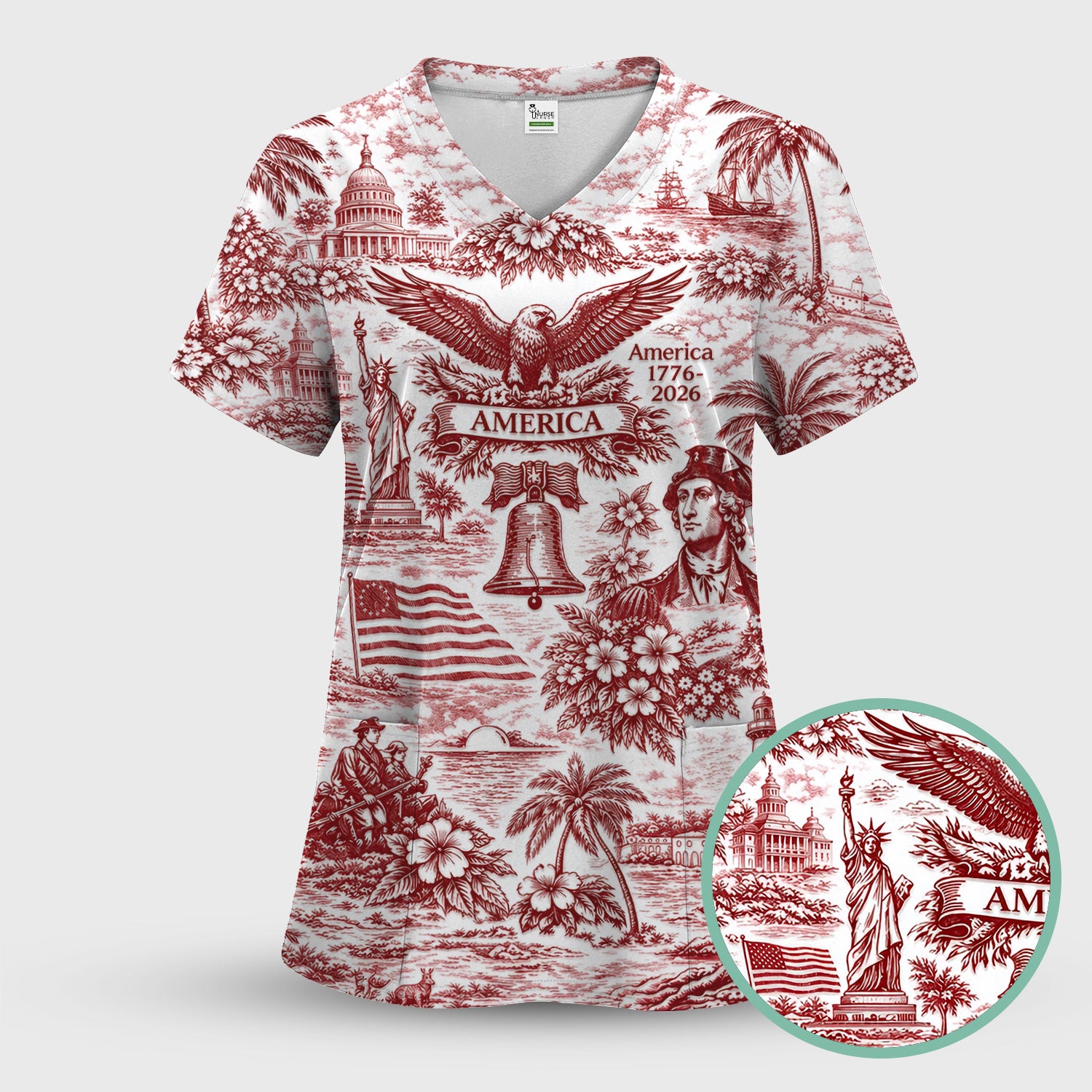 Patriotic America Heritage Toile Pattern Scrub Top, Breathable Fabrics Nursing Uniform