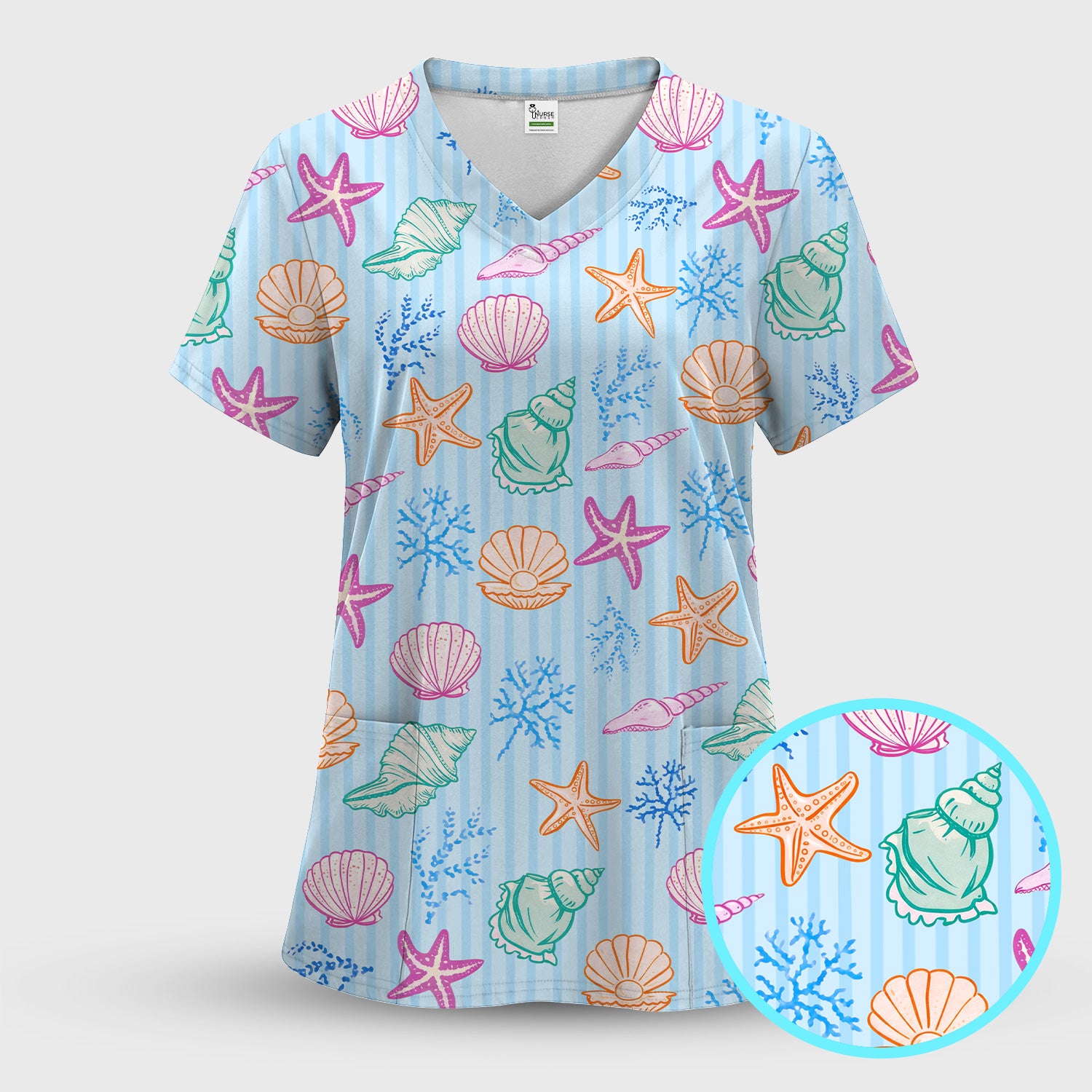 Colorful Seashell Starfish Ocean Stripe Pattern Scrub Top, Breathable Fabrics Nursing Uniform