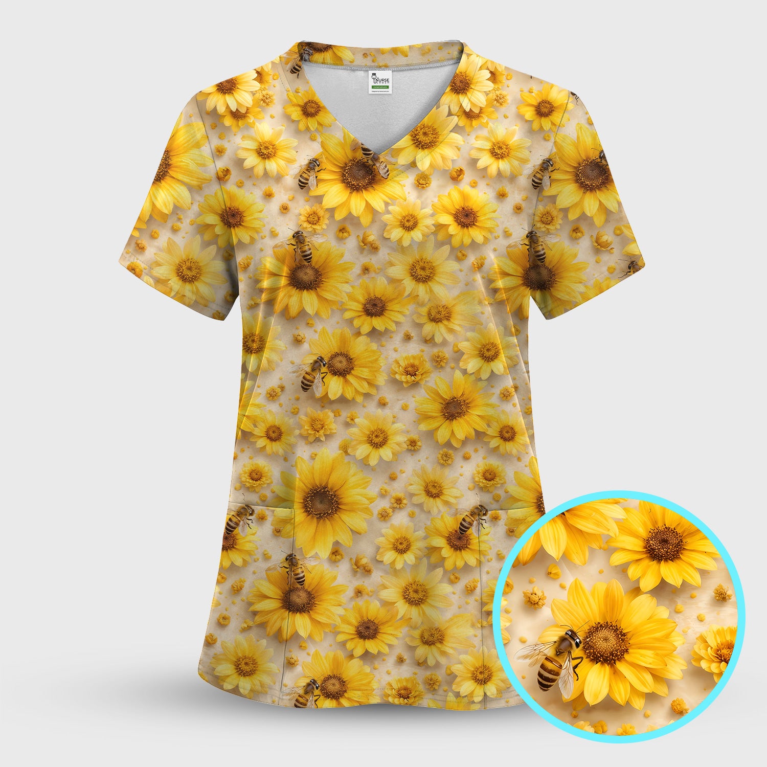 Yellow Sunflower Bee Garden Bloom Pattern Scrub Top, Breathable Fabrics Nursing Uniform