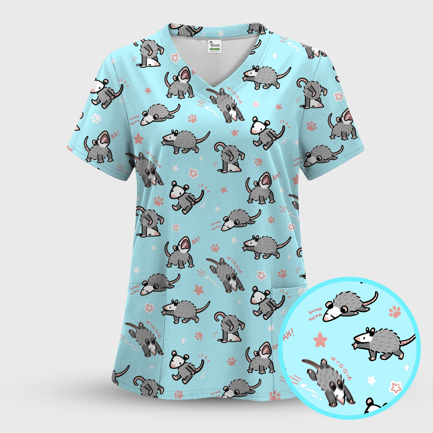 Playful Cartoon Opossum Character Pattern Scrub Top, Breathable Fabrics Nursing Uniform