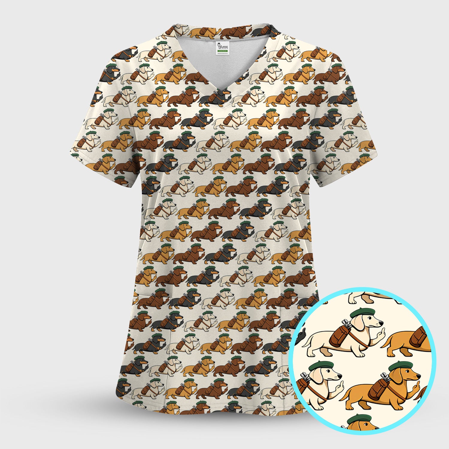Cartoon Dachshund Dog Wearing Hat And Backpack Pattern Scrub Set, Scrub Pants and V Neck Top
