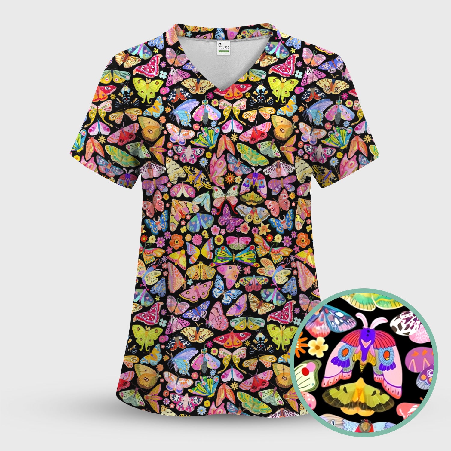 Cute Bright Butterfly Moth Floral Scrub Top, Breathable Fabrics Nursing Uniform