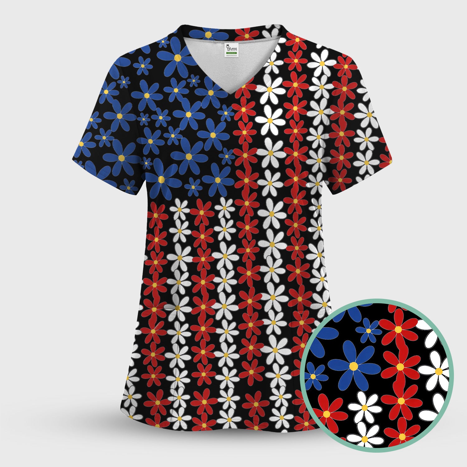 Retro Red Blue Daisy Stripe Pattern Scrub Top, Breathable Fabrics Nursing Uniform