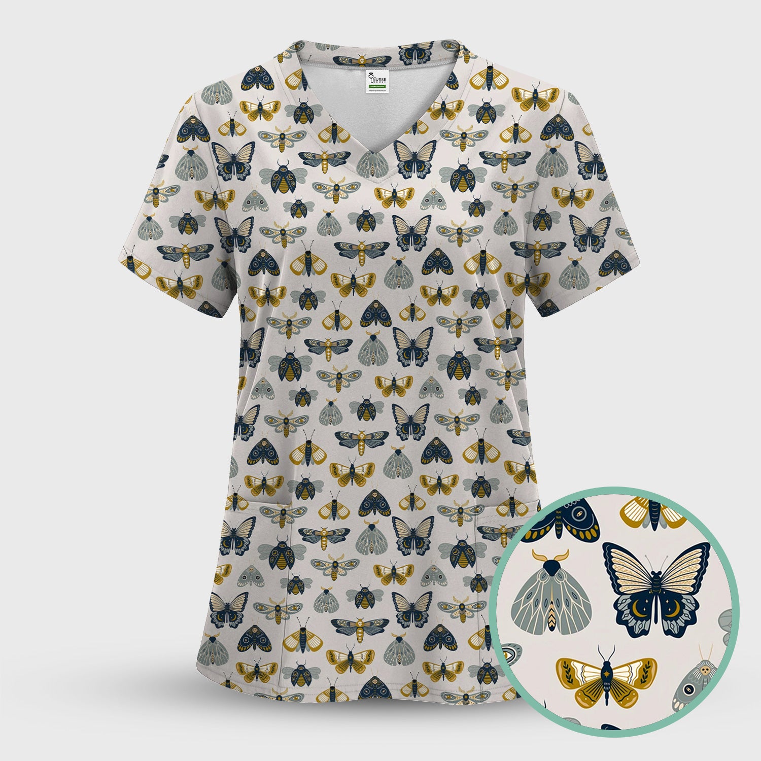 Vintage Butterfly Moth Insect Pattern Scrub Top, Comfortable Scrubs for Nurses