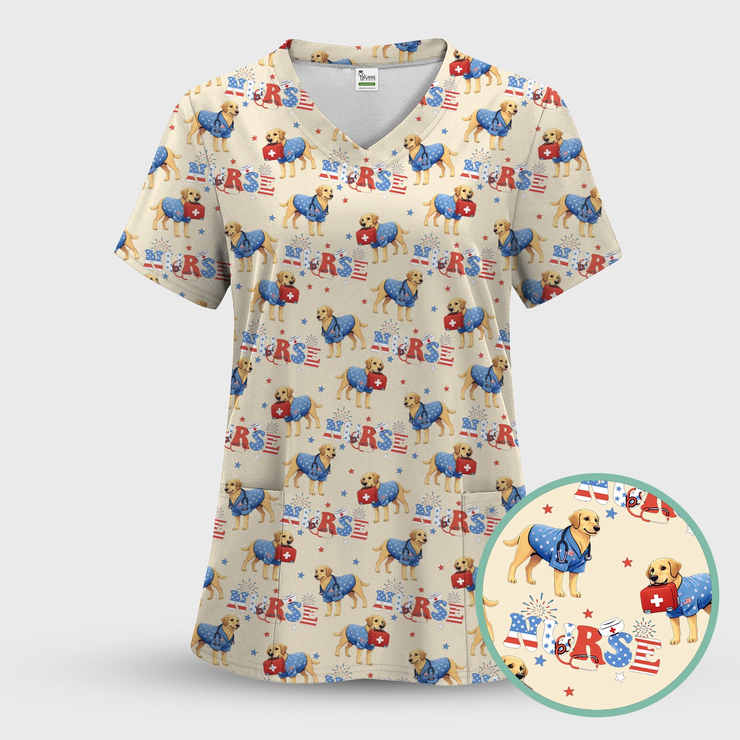 Patriotic Nurse Dog Medical Pattern Pattern Scrub Set, Women's Scrub Sets