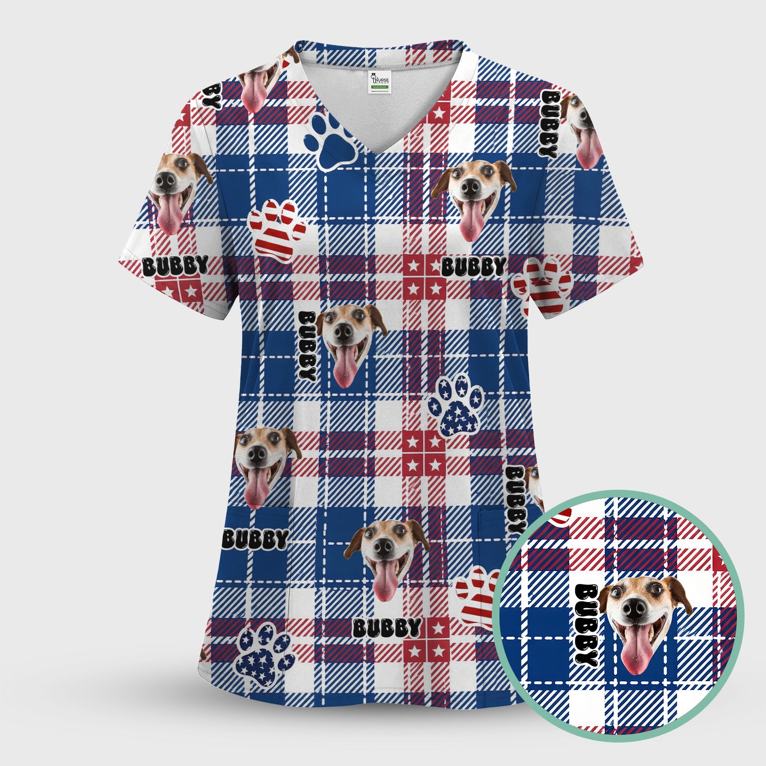 Custom Dog Face Scrub Set, Patriotic Dog Plaid Pattern Shirt, Scrub Pants and V Neck Top