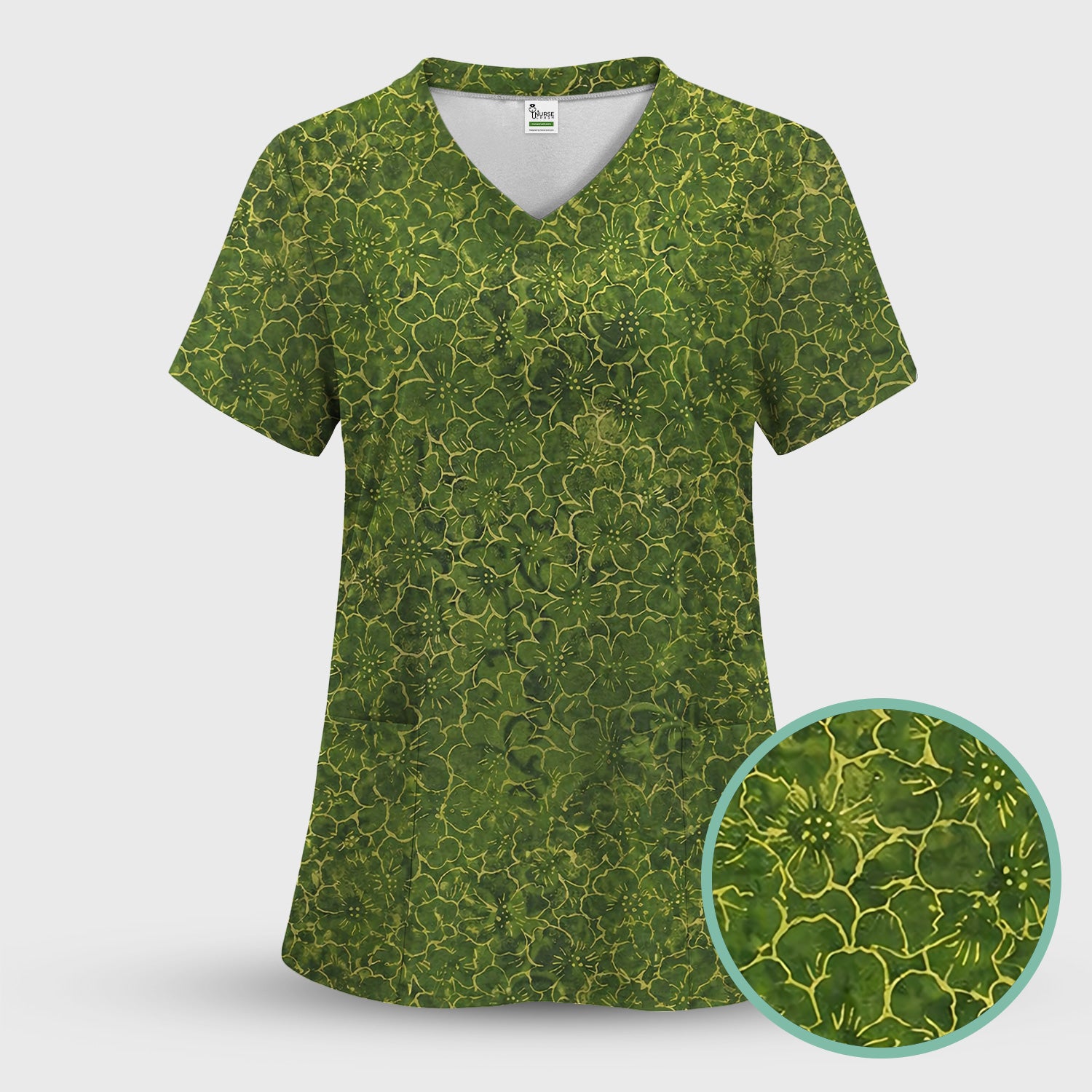 Green Floral Blossom Pattern Scrub Set, Scrub Pants and V Neck Top