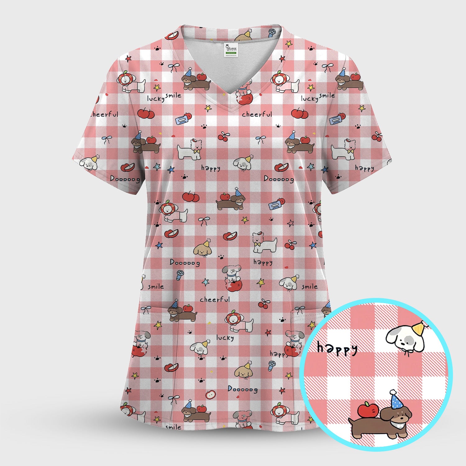 Cute Nurse Cartoon Puppy Apple Gingham Scrub Top, Breathable Fabrics Nursing Uniform