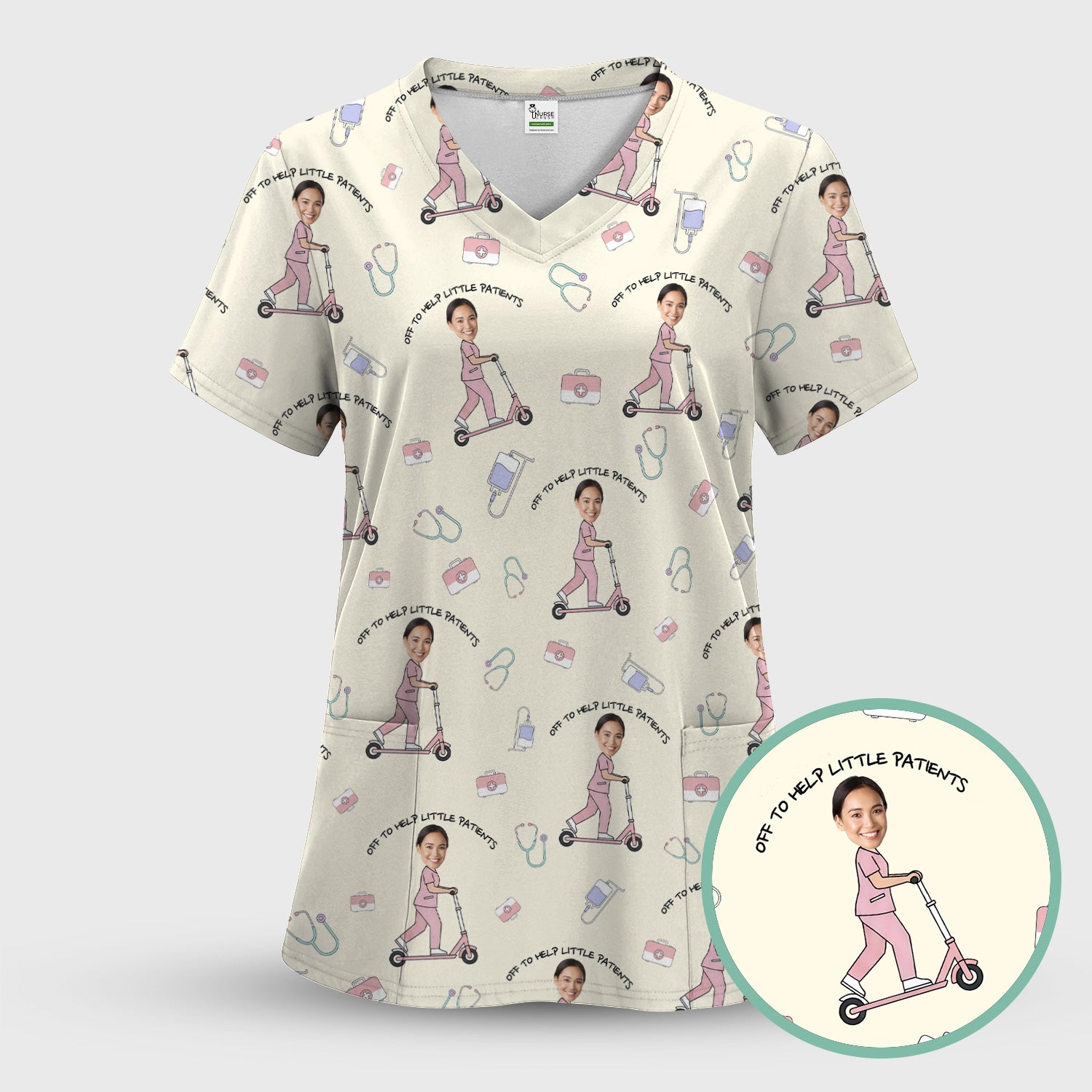 Custom Face Pediatric Nurse Scooter Pattern Scrub Set, Scrub Pants and V Neck Top