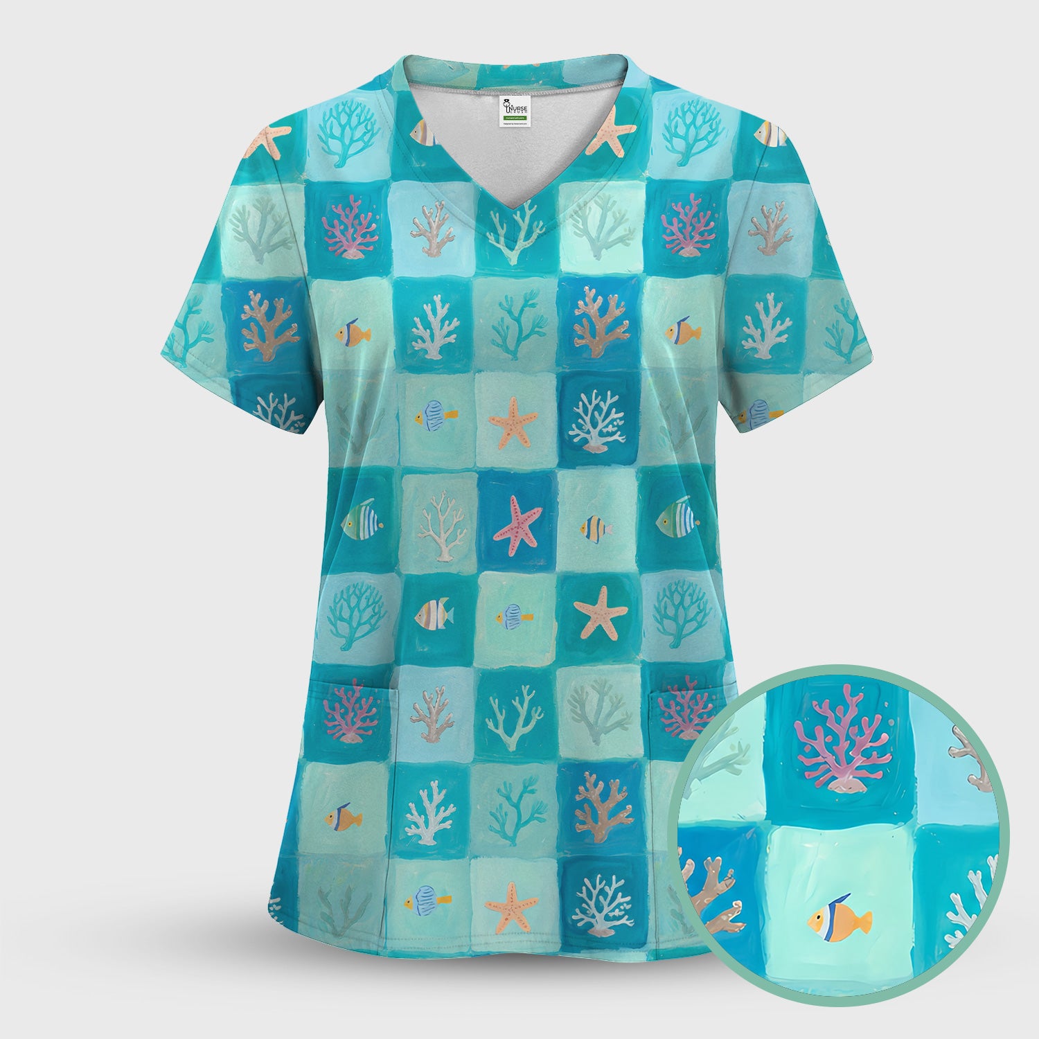 Ocean Coral Fish Checkered Pattern Scrub Top, Comfortable Scrubs for Nurses