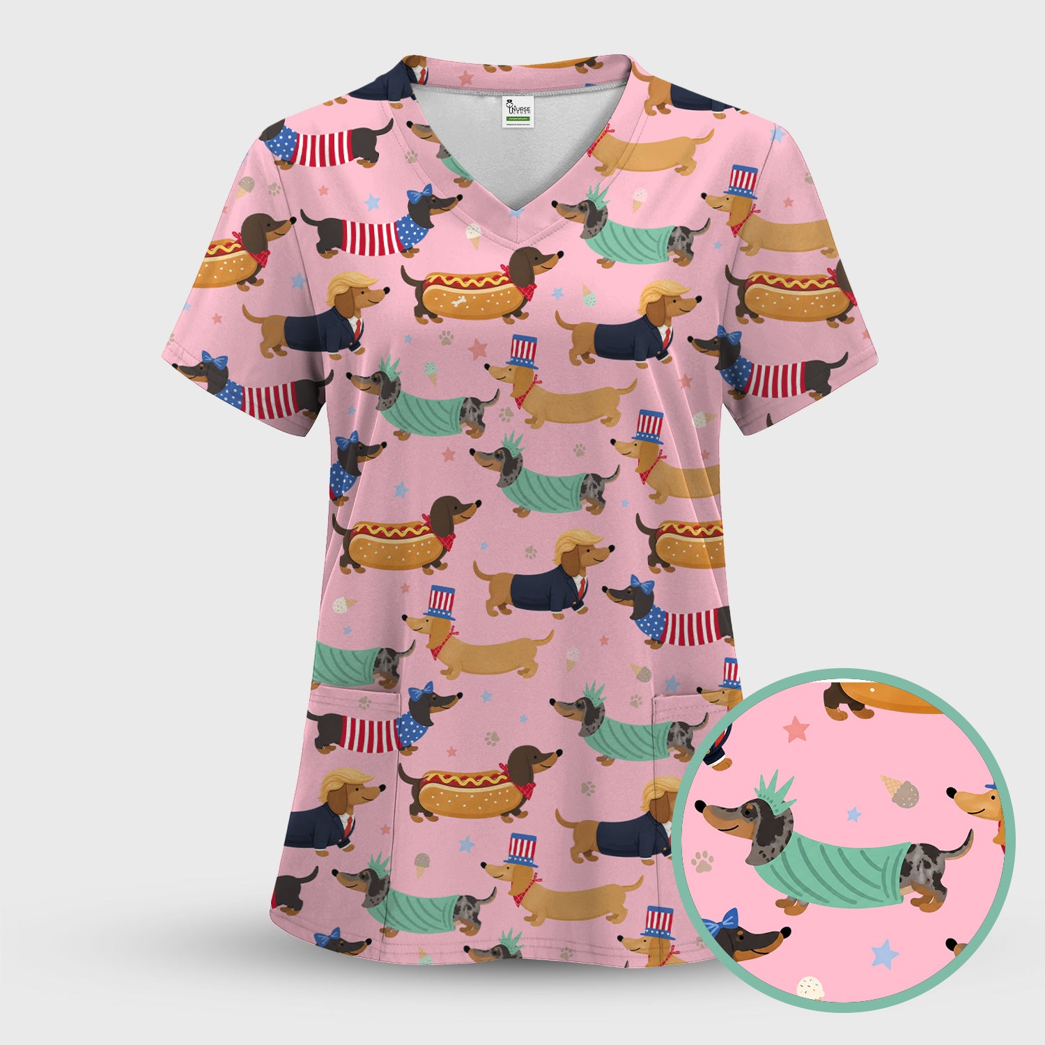 Funny Patriotic Dachshund Costume Dogs Scrub Set, Women's Scrub Sets