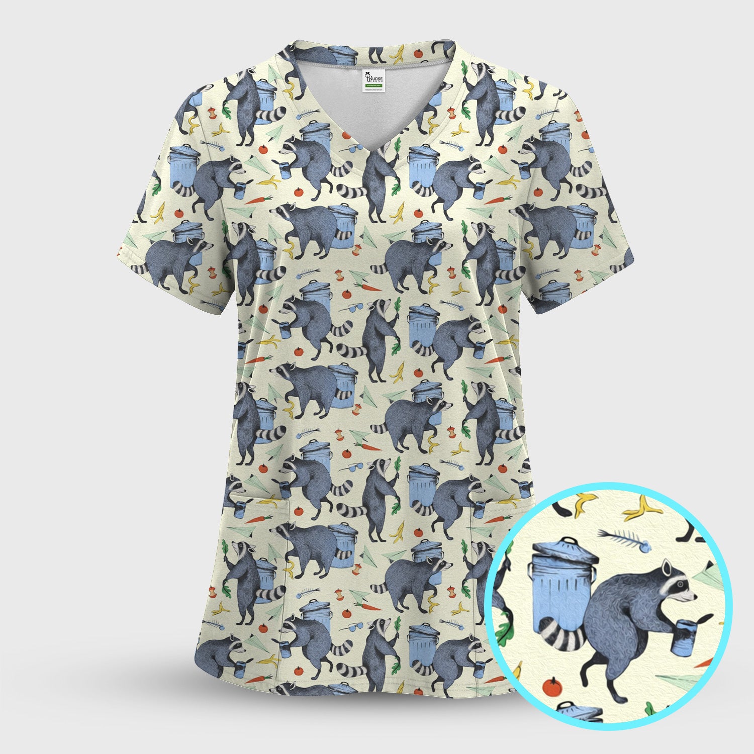 Funny Nurse Raccoon Eating Trash Banana Scrub Set, Scrub Pants and V Neck Top