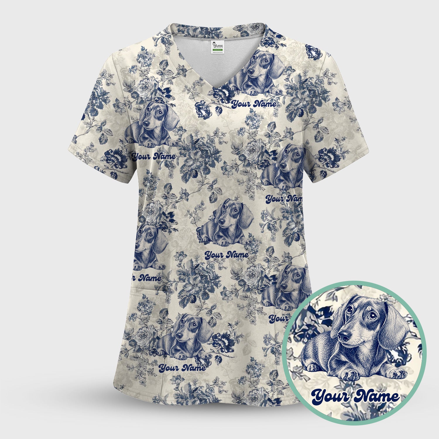 Personalized Vintage Floral Dachshund Portrait Scrub Set, Scrub Pants and V Neck Top