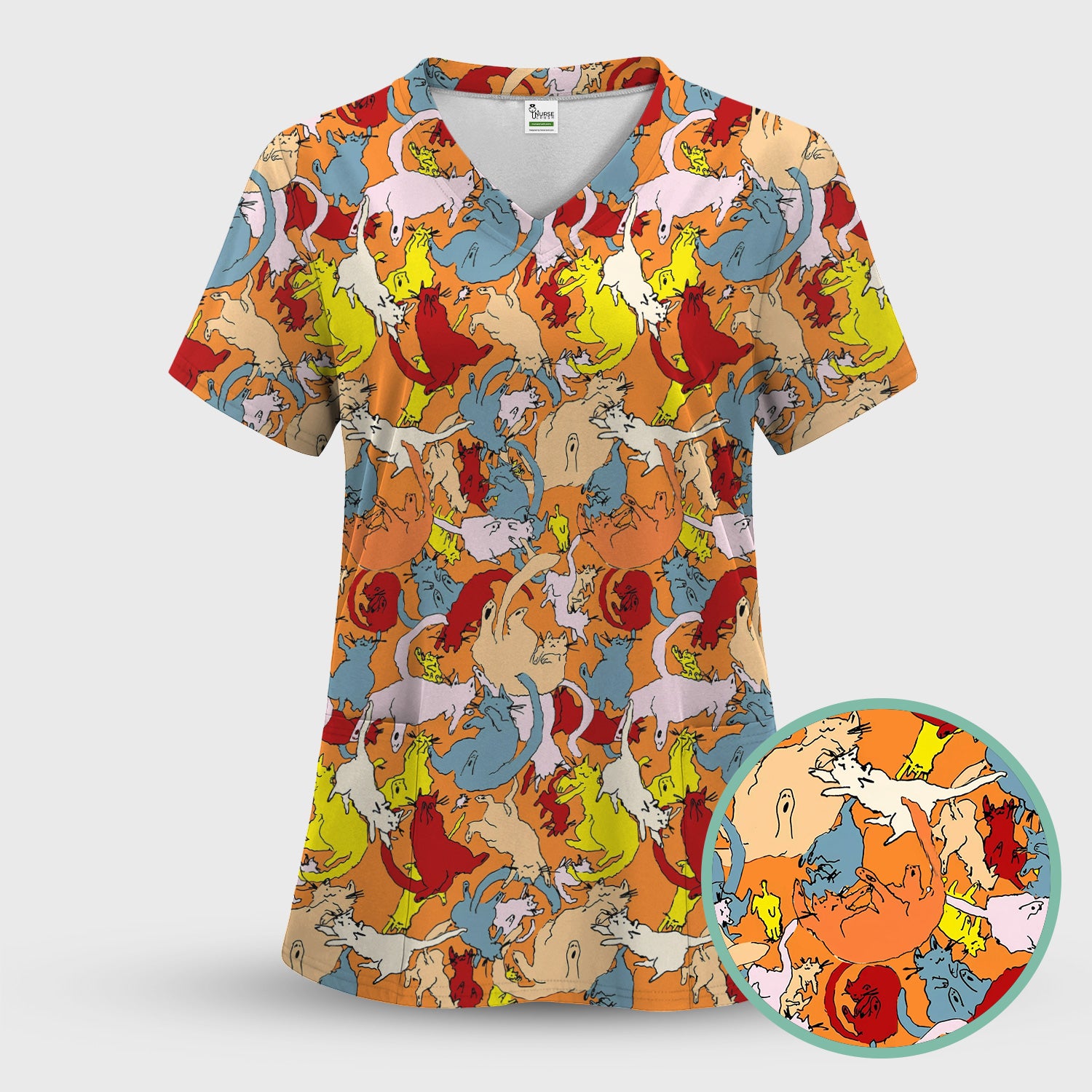 Colorful Cat Chaos Illustration Pattern Scrub Set, Scrub Pants and V Neck Top