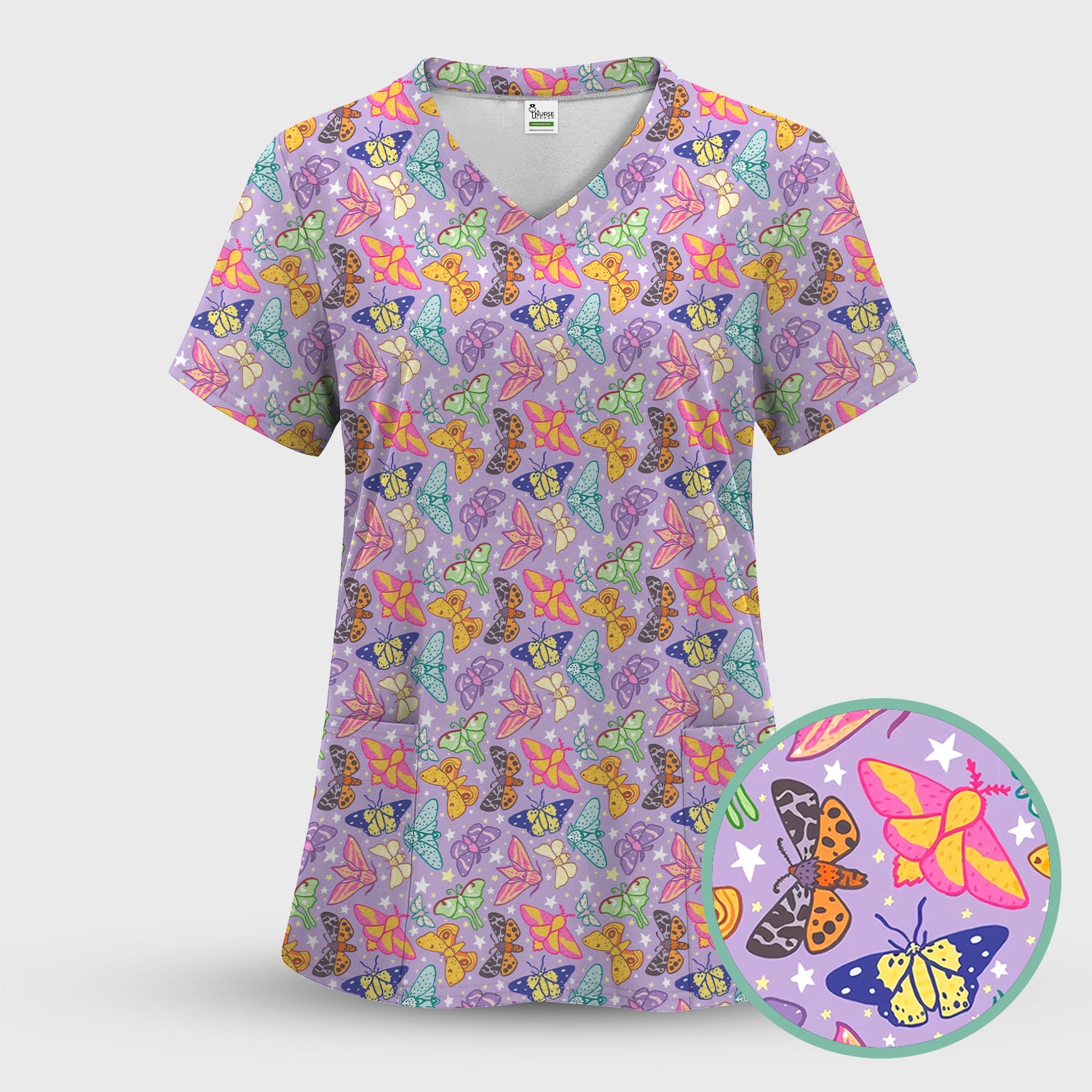 Colorful Butterfly Moth Garden Pattern Scrub Top, Comfortable Scrubs for Nurses
