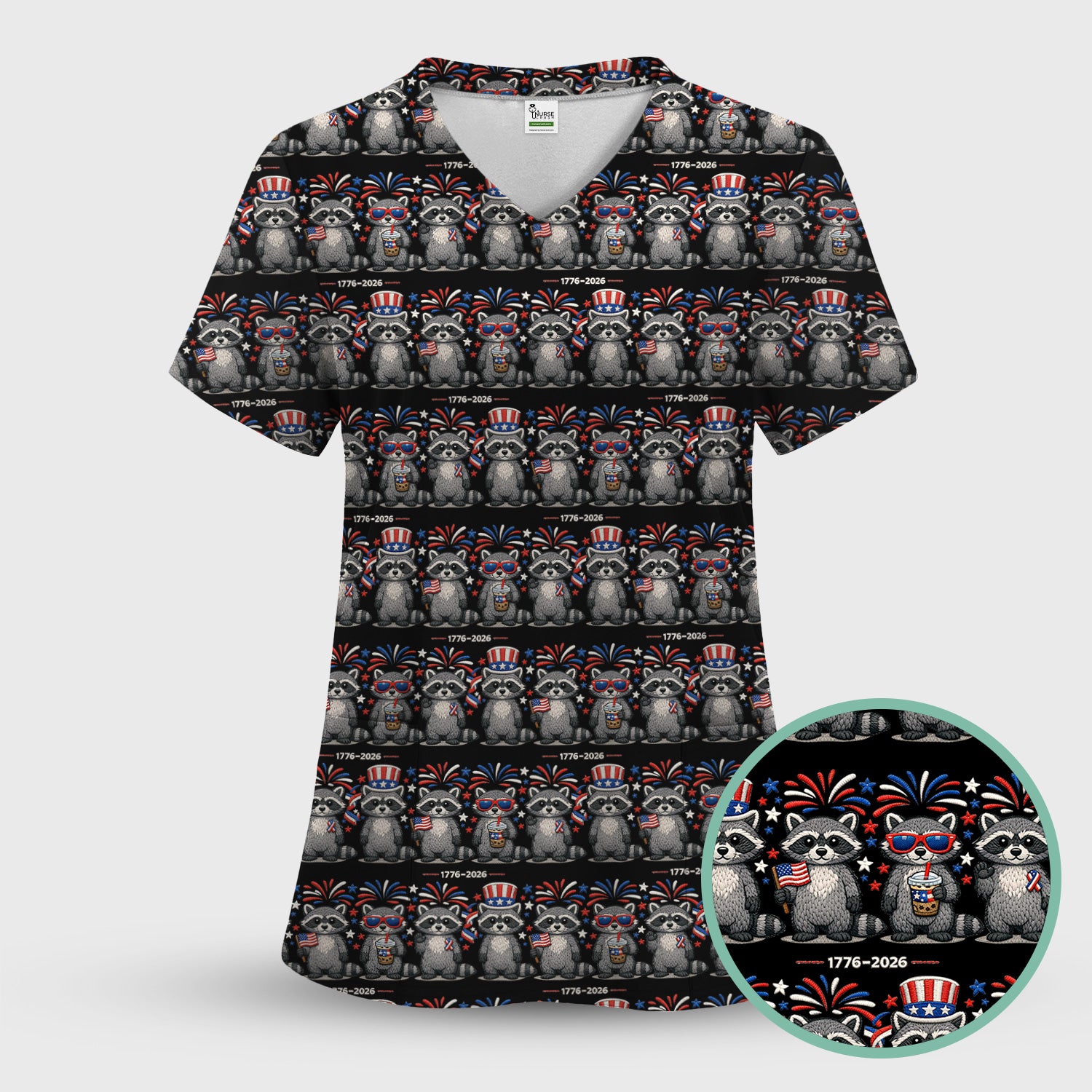 Patriotic Raccoon Fireworks Stripe Pattern Scrub Set, Scrub Pants and V Neck Top