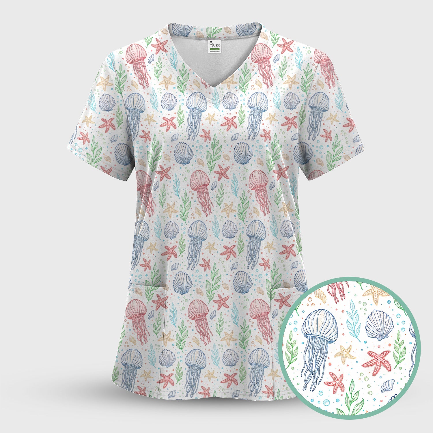 Cute Jellyfish Ocean World Pattern Scrub Top, Comfortable Scrubs for Nurses