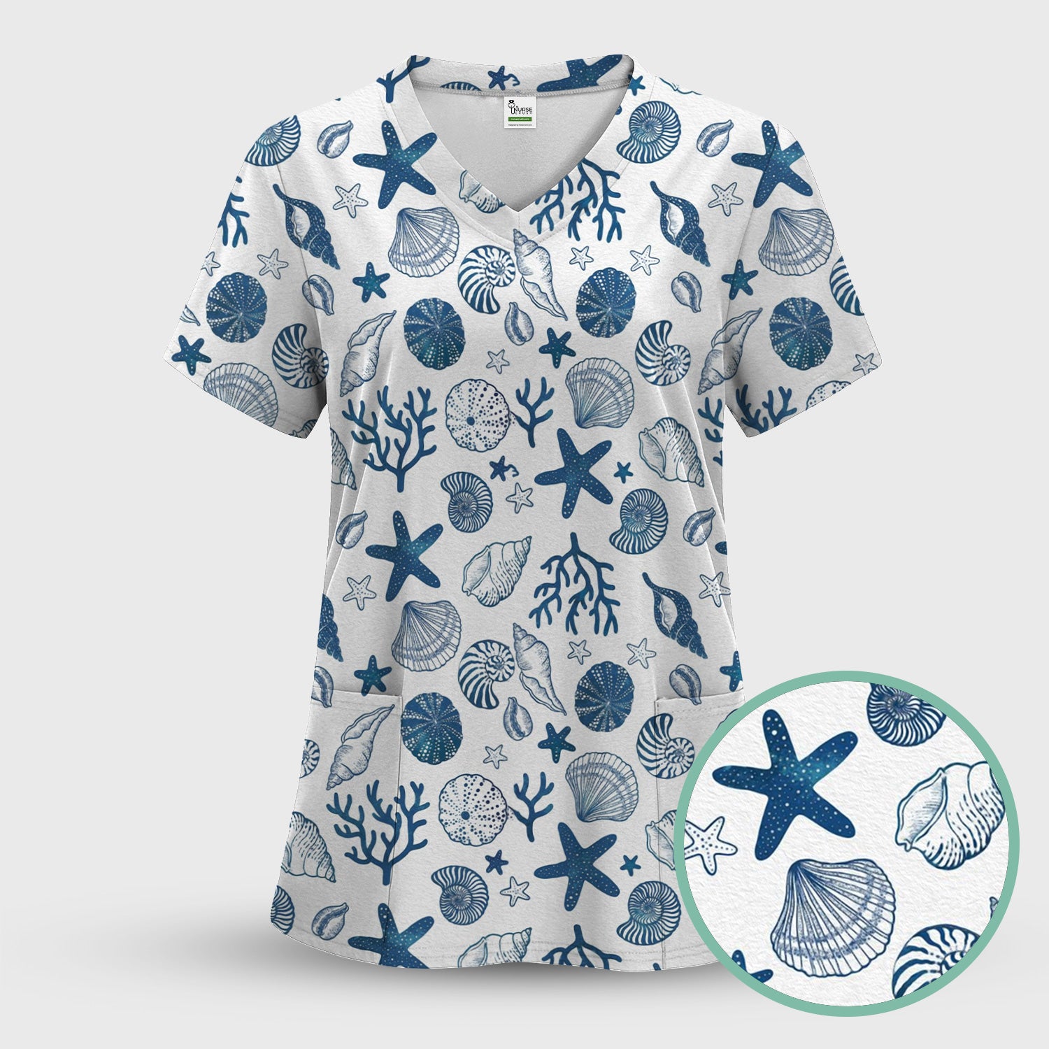Cute Ocean Shell Starfish Pattern Scrub Top, Comfortable Scrubs for Nurses