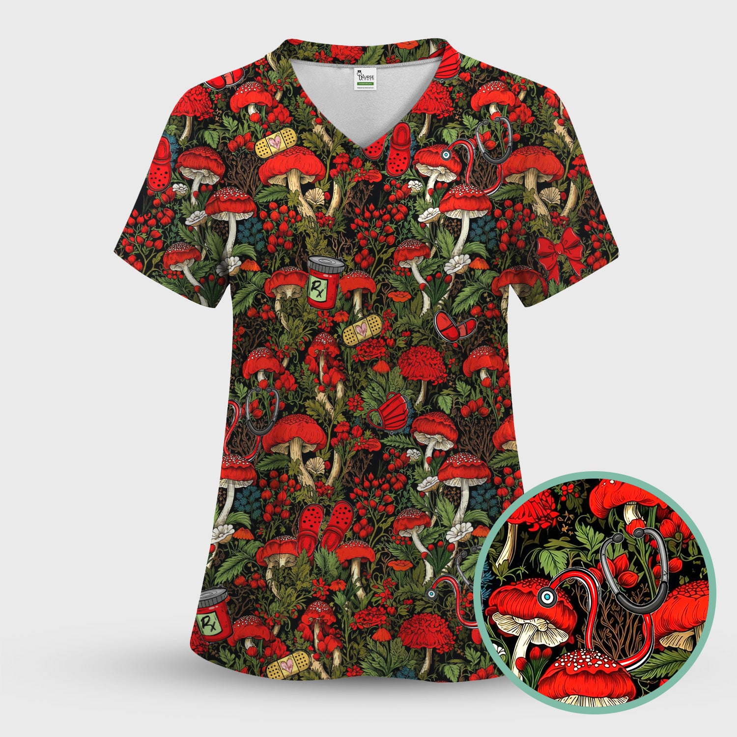 Red Mushroom Medical Forest Pattern Scrub Top, Comfortable Scrubs for Nurses