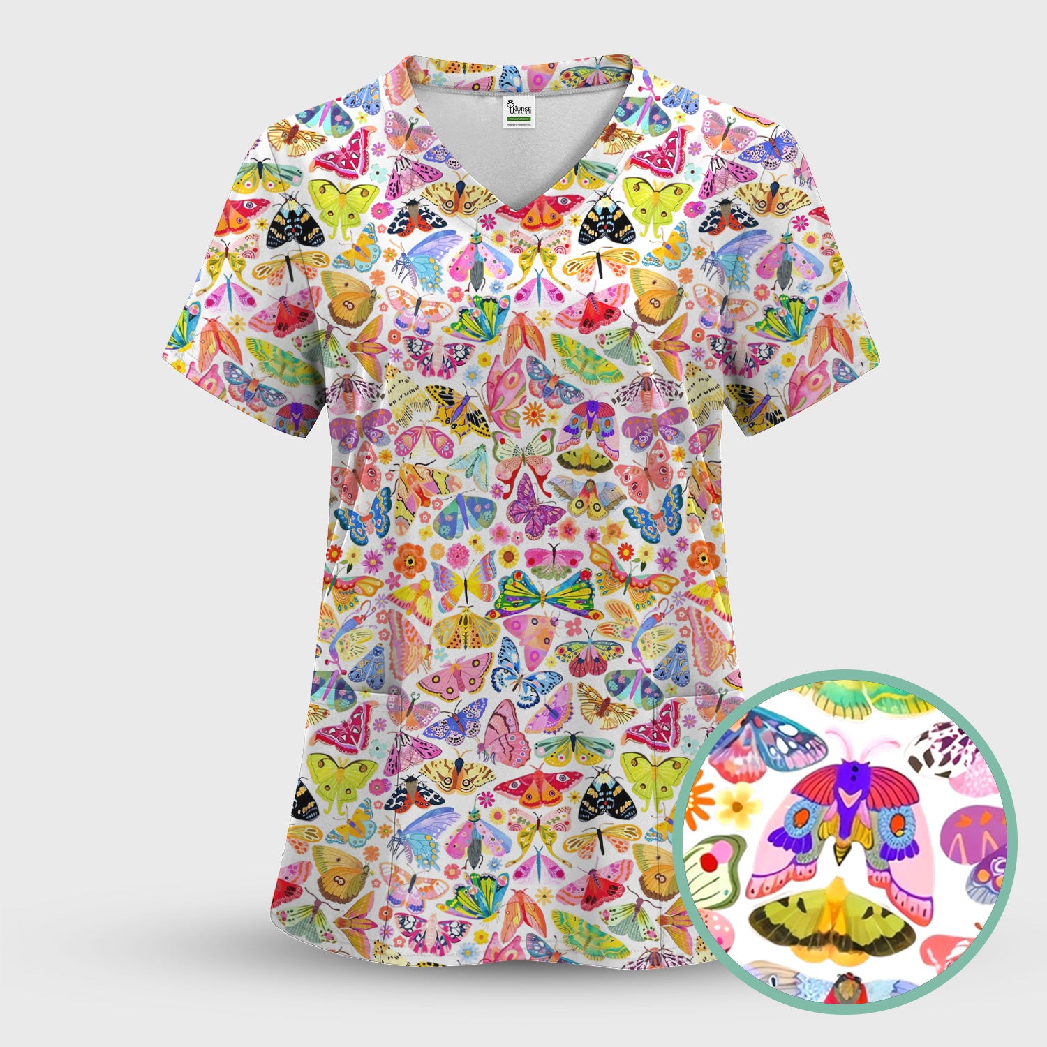 Cute Bright Butterfly Moth Floral Scrub Top, Breathable Fabrics Nursing Uniform