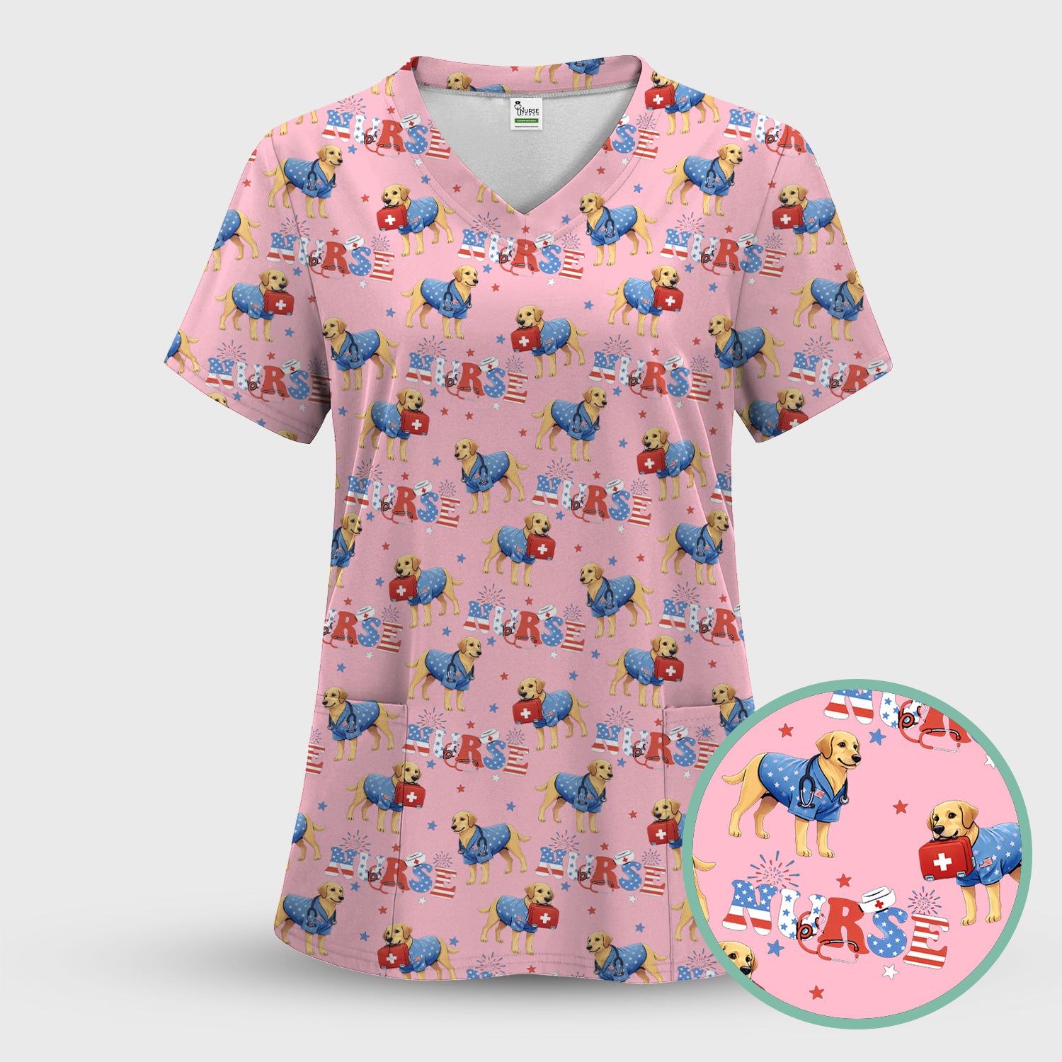 Patriotic Nurse Dog Medical Pattern Pattern Scrub Set, Women's Scrub Sets
