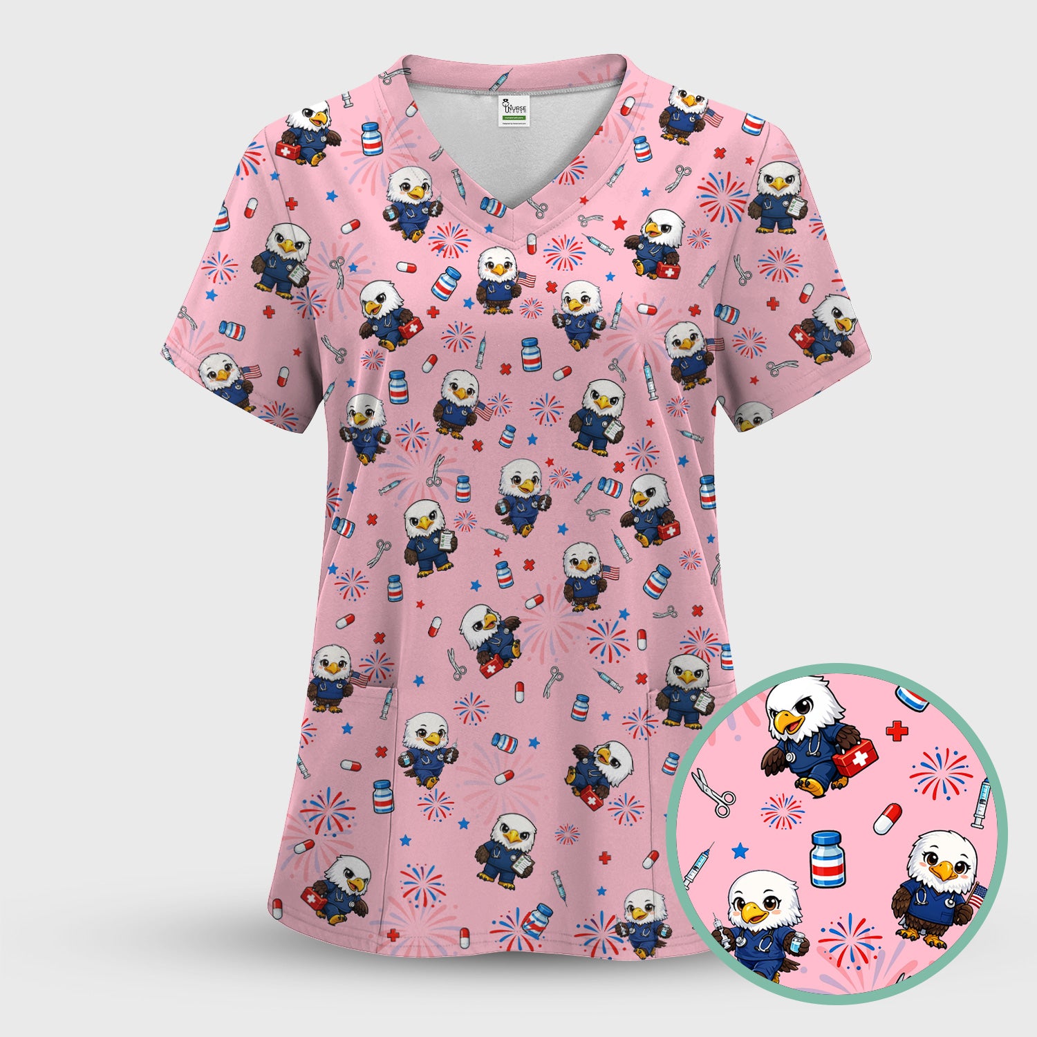 Patriotic Nurse Eagle Fireworks Medical Pattern Scrub Set, Women's Scrub Sets