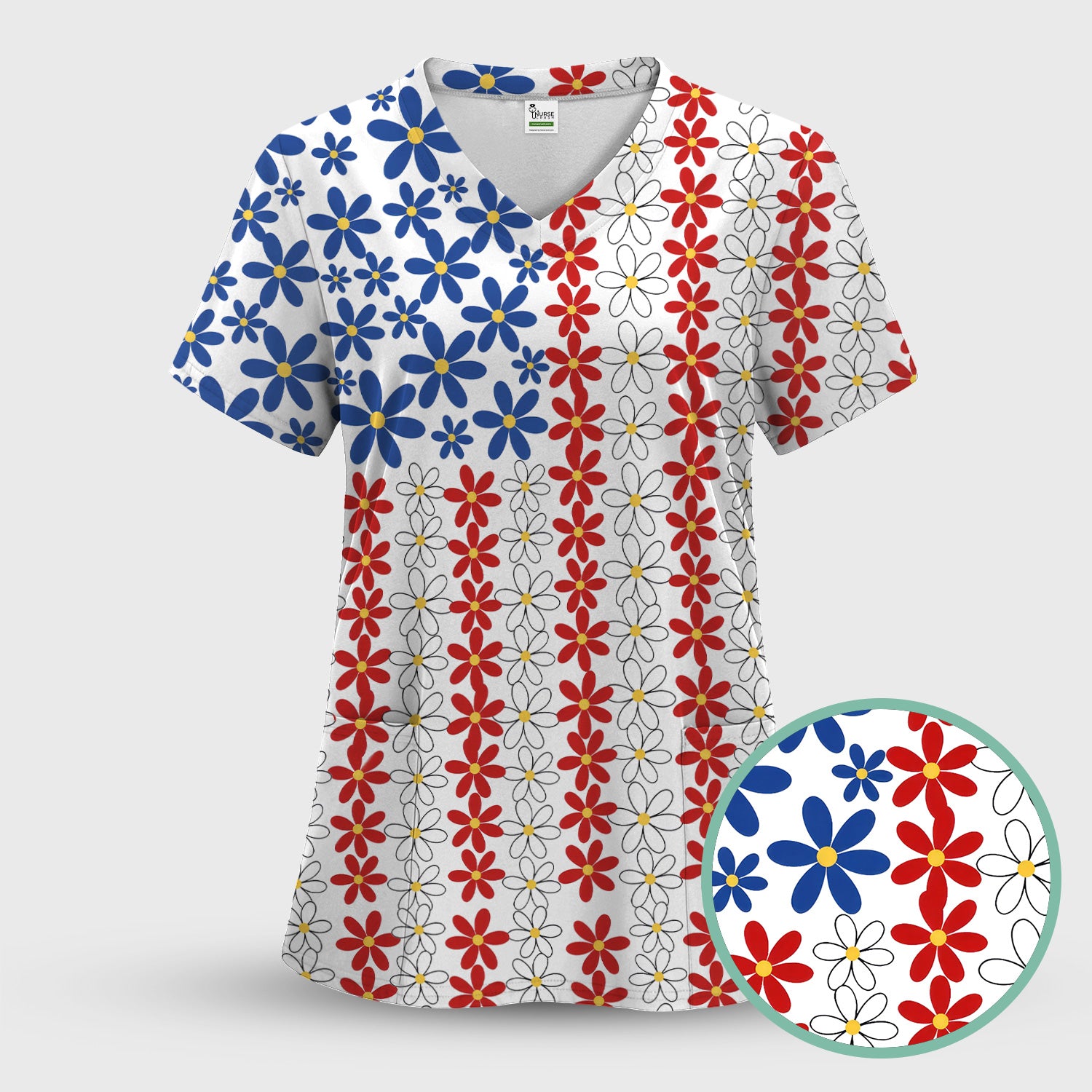 Retro Red Blue Daisy Stripe Pattern Scrub Top, Breathable Fabrics Nursing Uniform