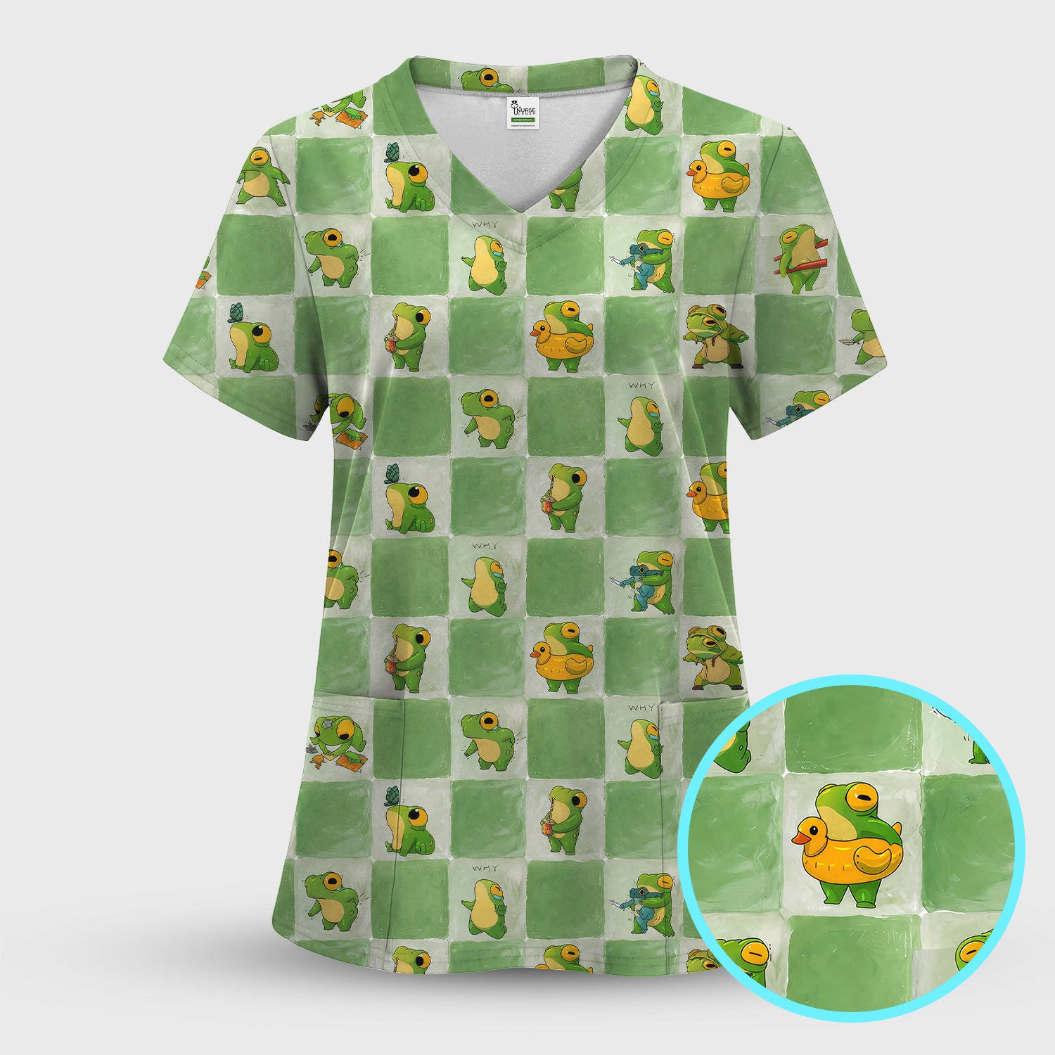 Cute Frog Duck Checkerboard Pattern Scrub Top, Breathable Fabrics Nursing Uniform