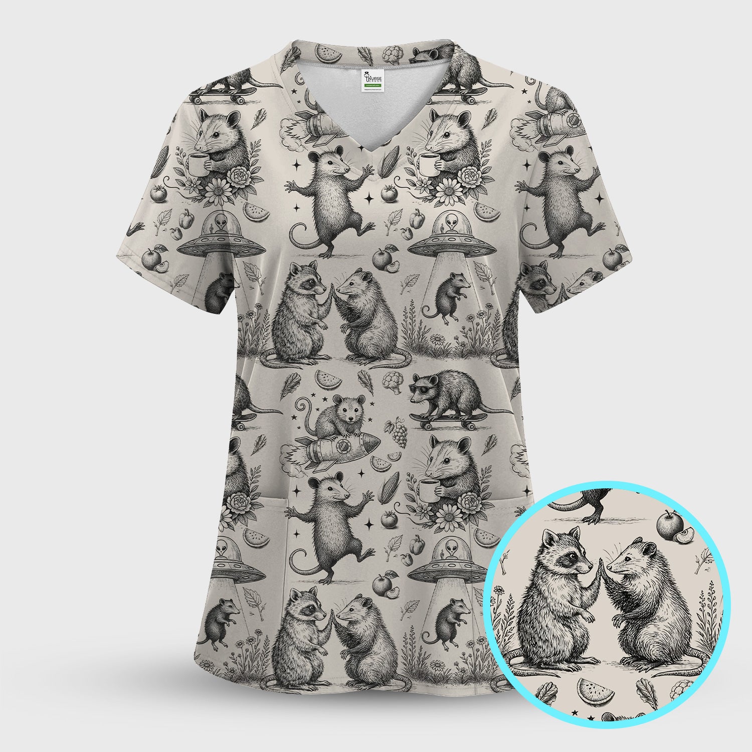 Funny Nurse Vintage Possum Raccoon High Five UFO Pattern Scrub Top, Breathable Fabrics Nursing Uniform