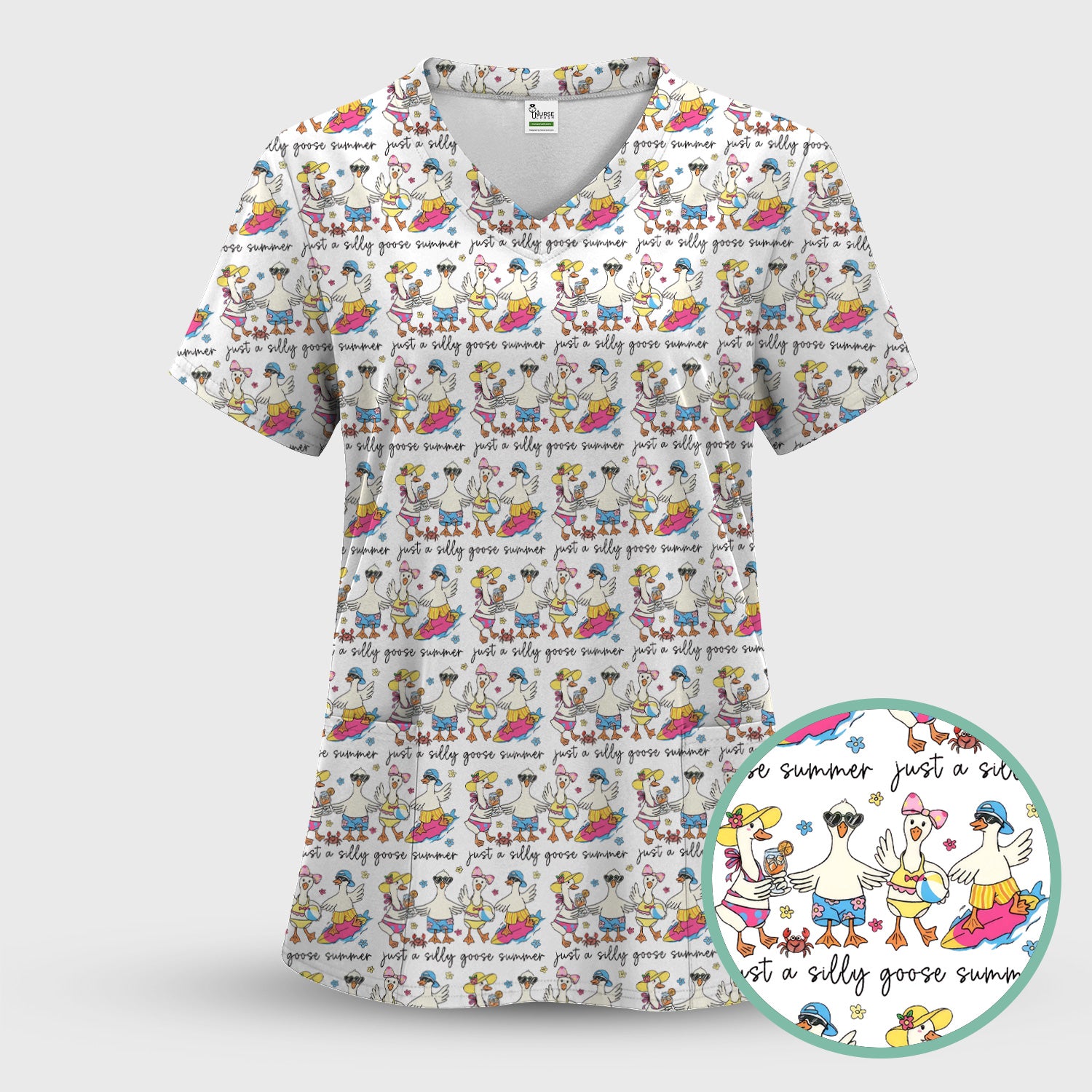 Funny Goose Summer Beach Pattern Scrub Top, Comfortable Scrubs for Nurses