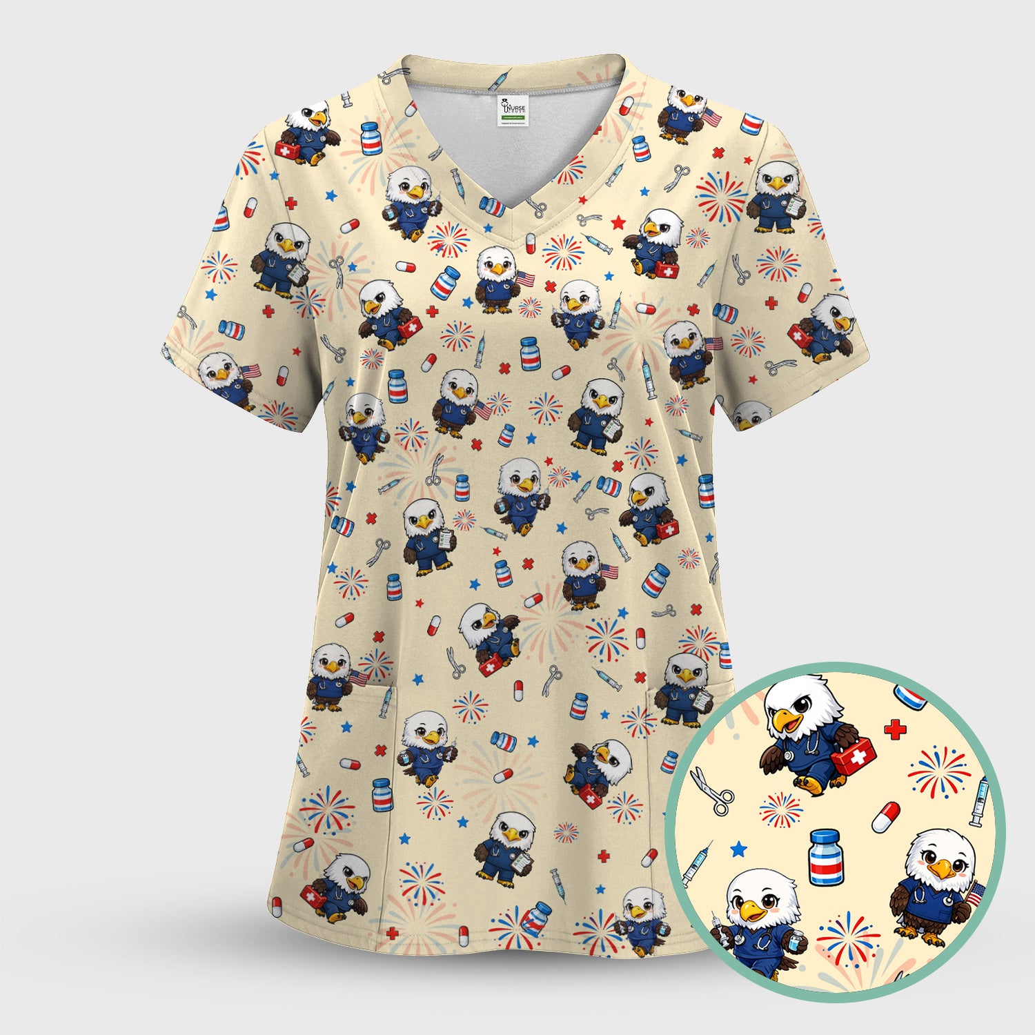 Patriotic Nurse Eagle Fireworks Medical Pattern Scrub Set, Women's Scrub Sets