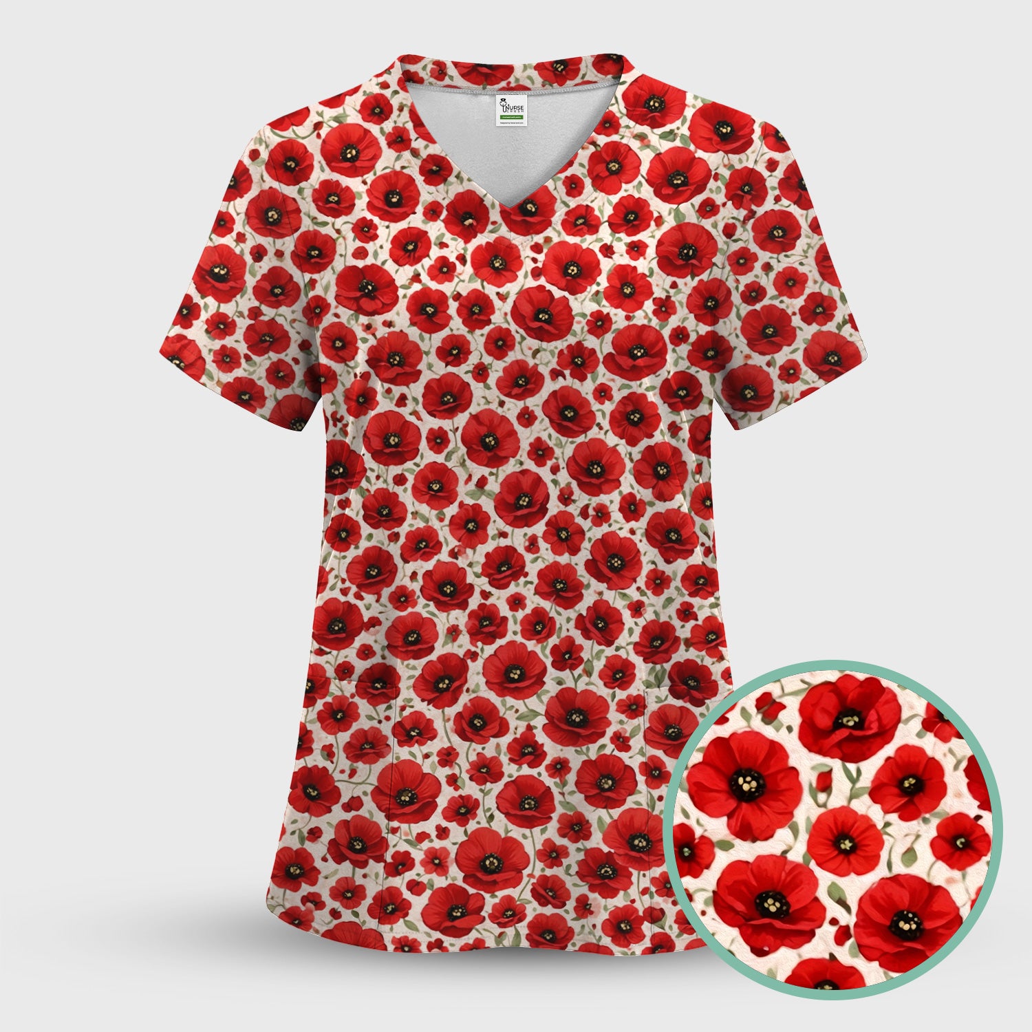 Pretty Red Poppy Flower Garden Pattern Scrub Top, Comfortable Scrubs for Nurses