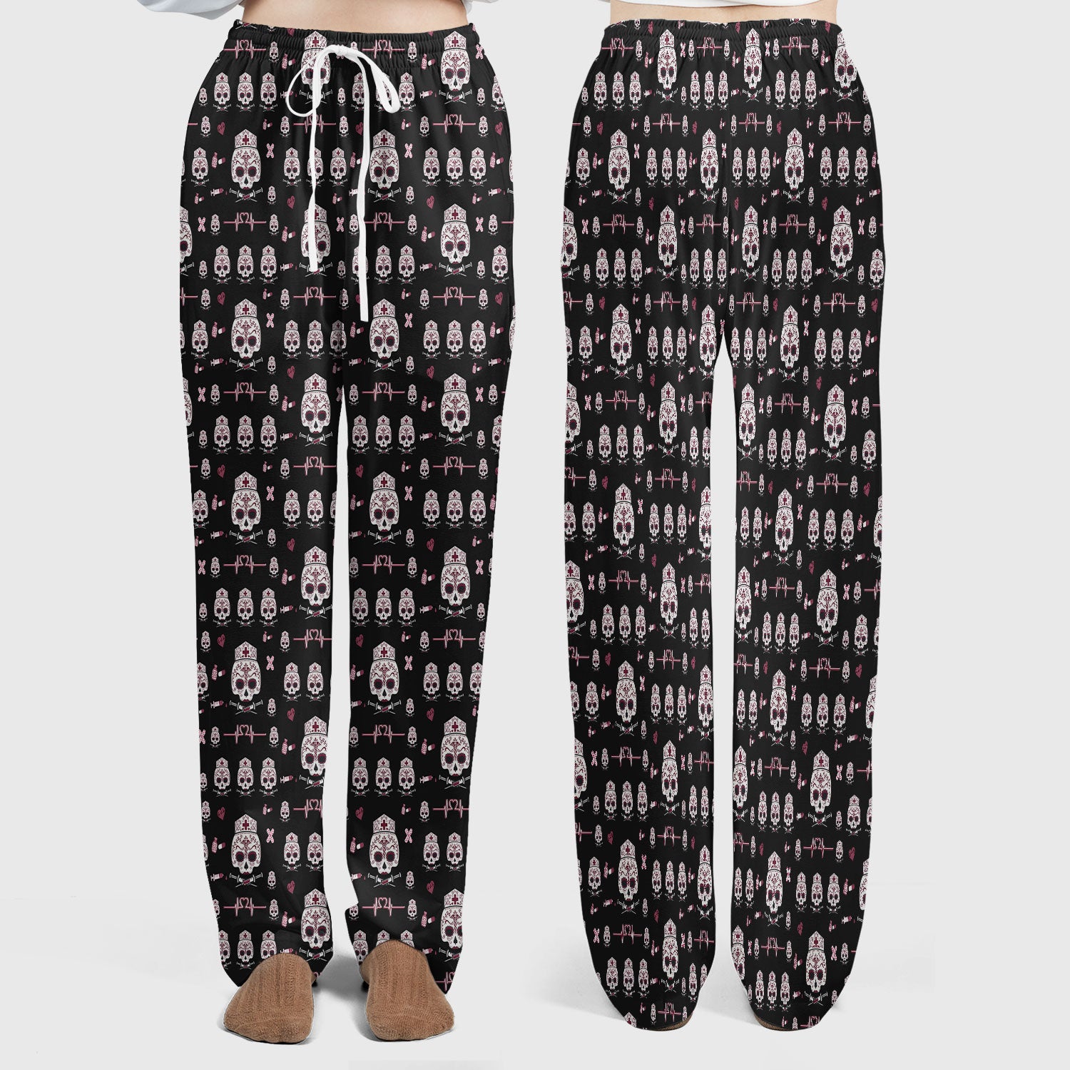 Sugar Skull Scrub Set, Skull Pattern Scrub Shirt, Breathable Fabrics Nursing Uniform