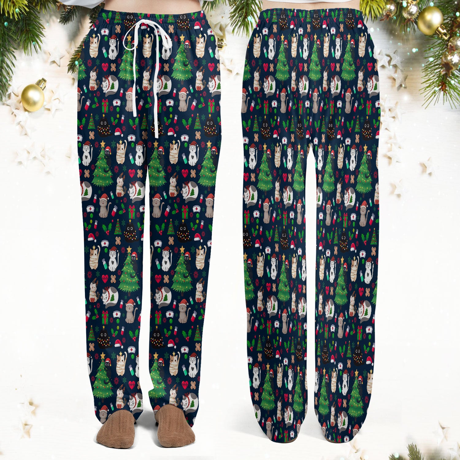 Christmas Cat Scrub Set, Xmas Pet Pattern Scrub Shirt, Breathable Fabrics Nursing Uniform