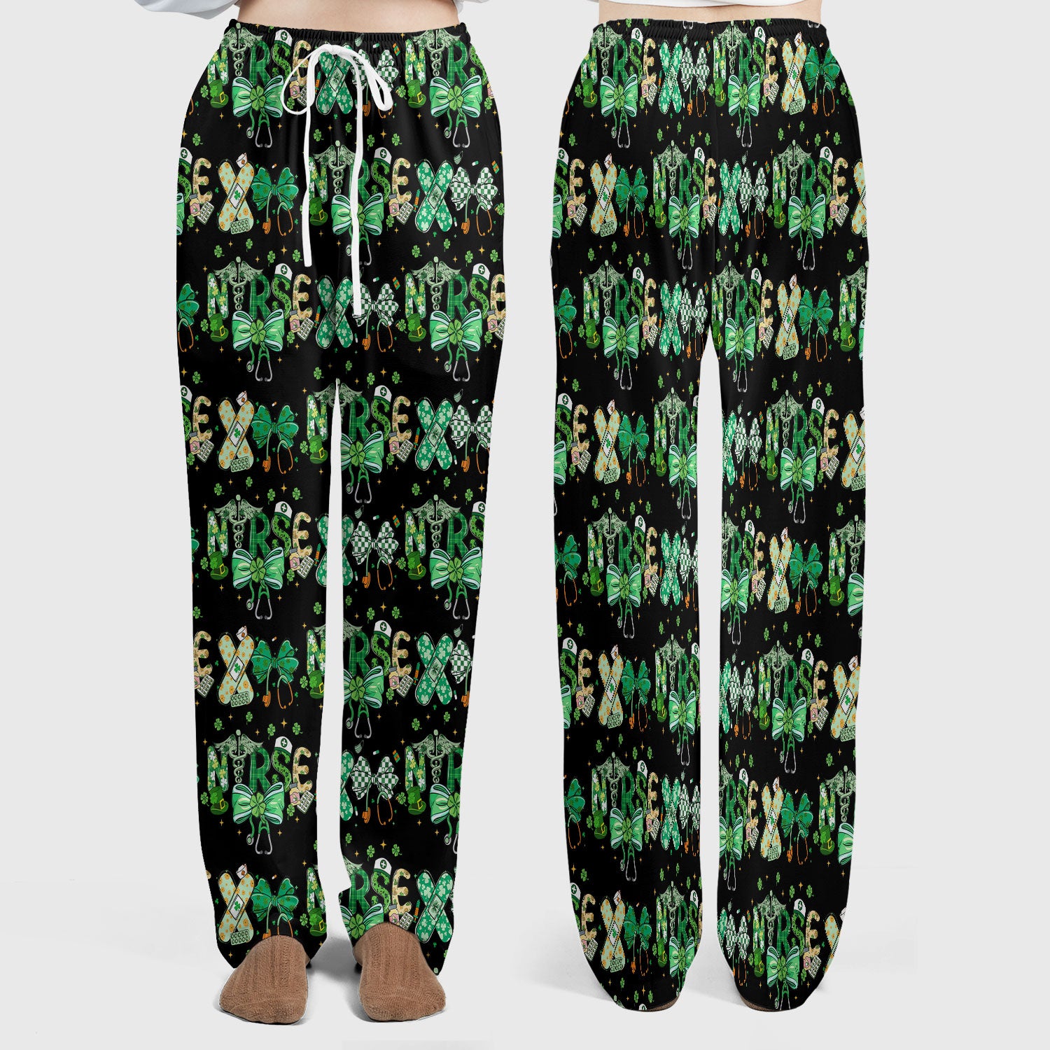 St. Patrick’s Nurse Scrub Set, Lucky Clover And Green Bow Pattern Nurse Shirt, Breathable Fabrics Nursing Uniform