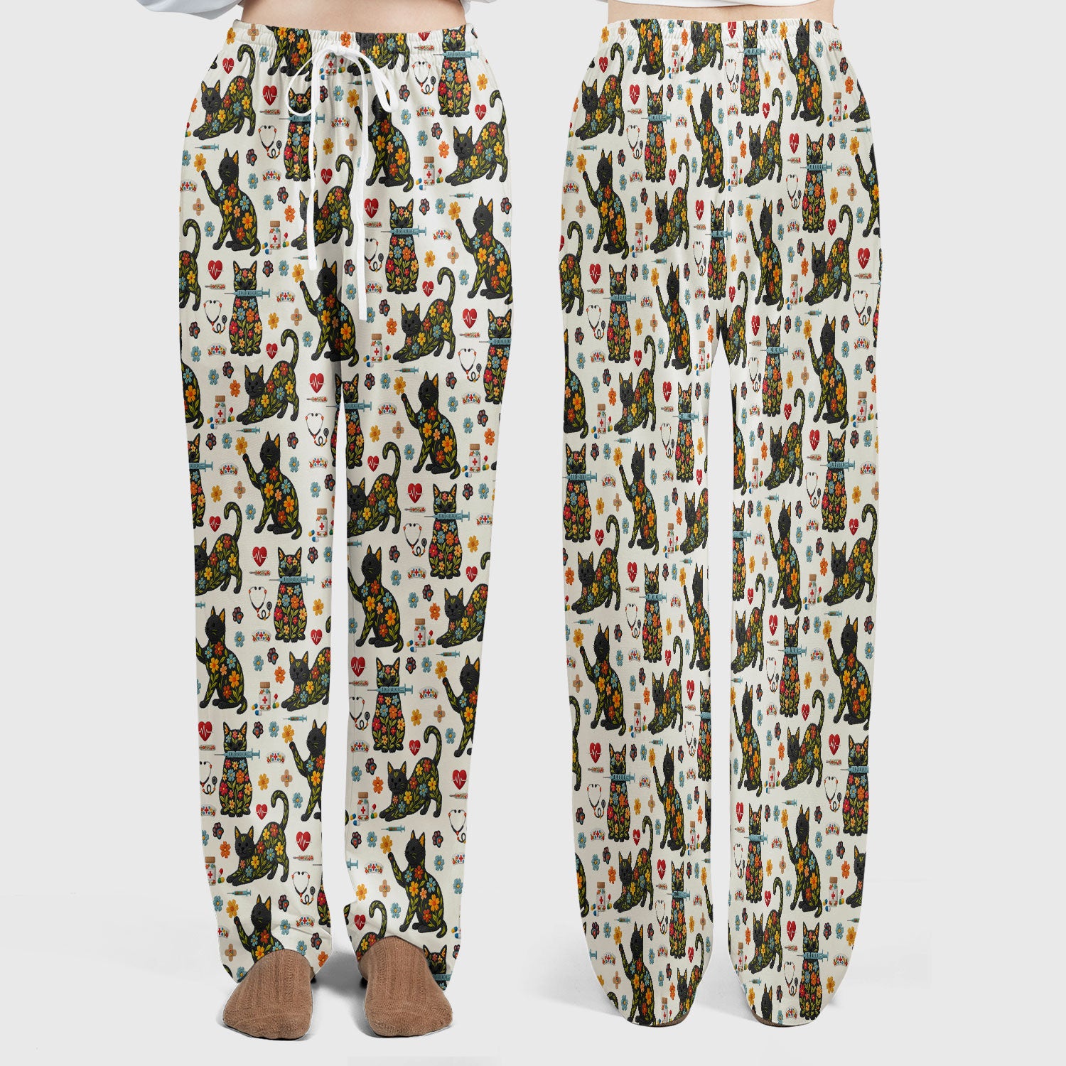 Floral Black Cat Pattern Scrub Set, Cute Cat Nurse Scrub Shirt, Medical Nursing Uniform