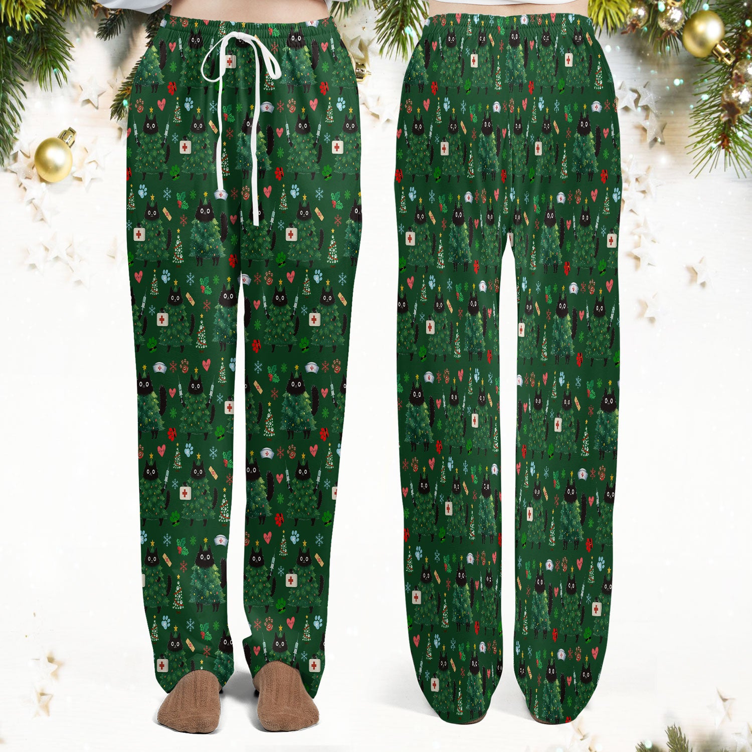 Christmas Nurse Scrub Set, Xmas Black Cat Pattern Nurse Shirt,  Breathable Fabrics Nursing Uniform