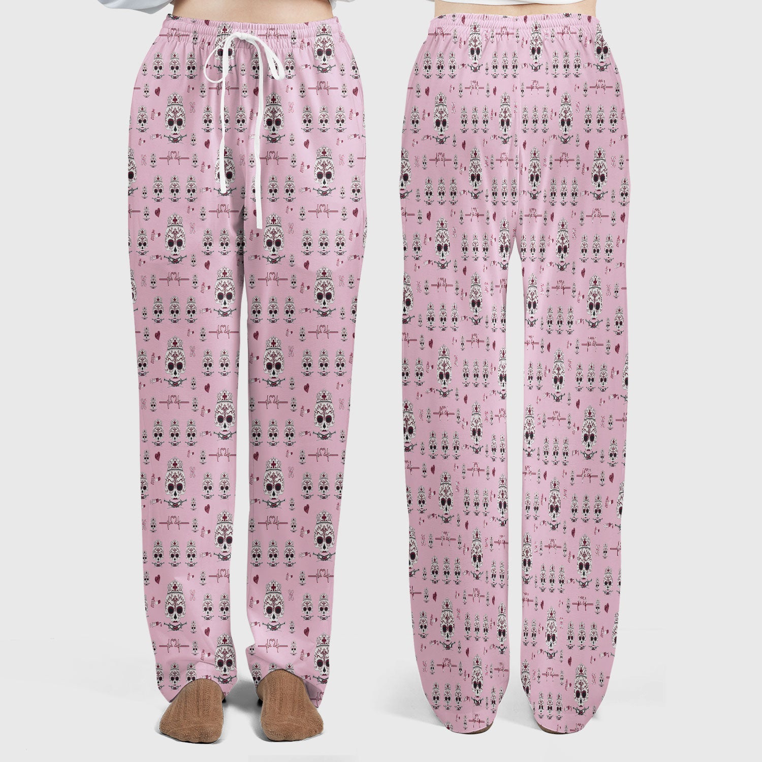 Sugar Skull Scrub Set, Skull Pattern Scrub Shirt, Breathable Fabrics Nursing Uniform