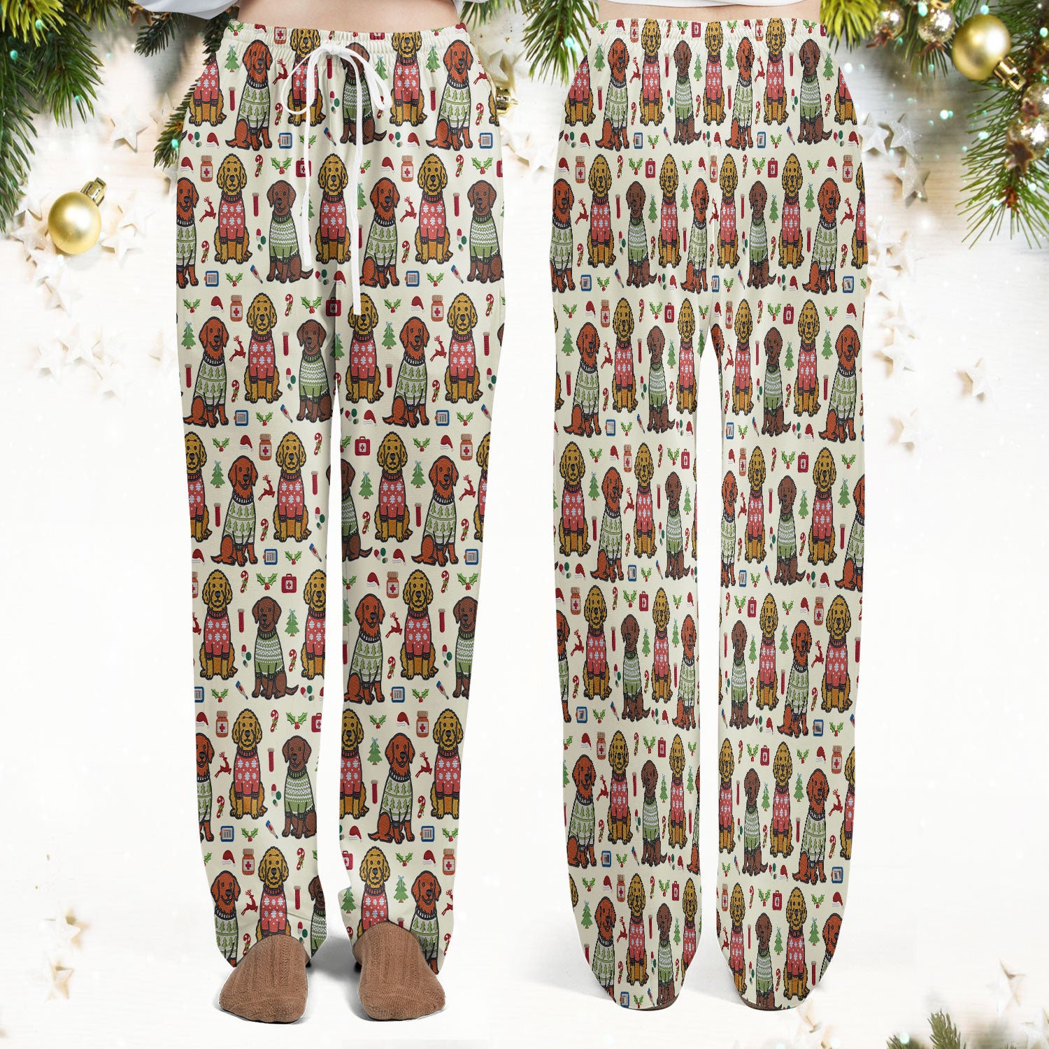 Golden Retriever Christmas Scrub Set, Cute Holiday Dog Nurse Pattern Shirt, Breathable Fabrics Nursing Uniform