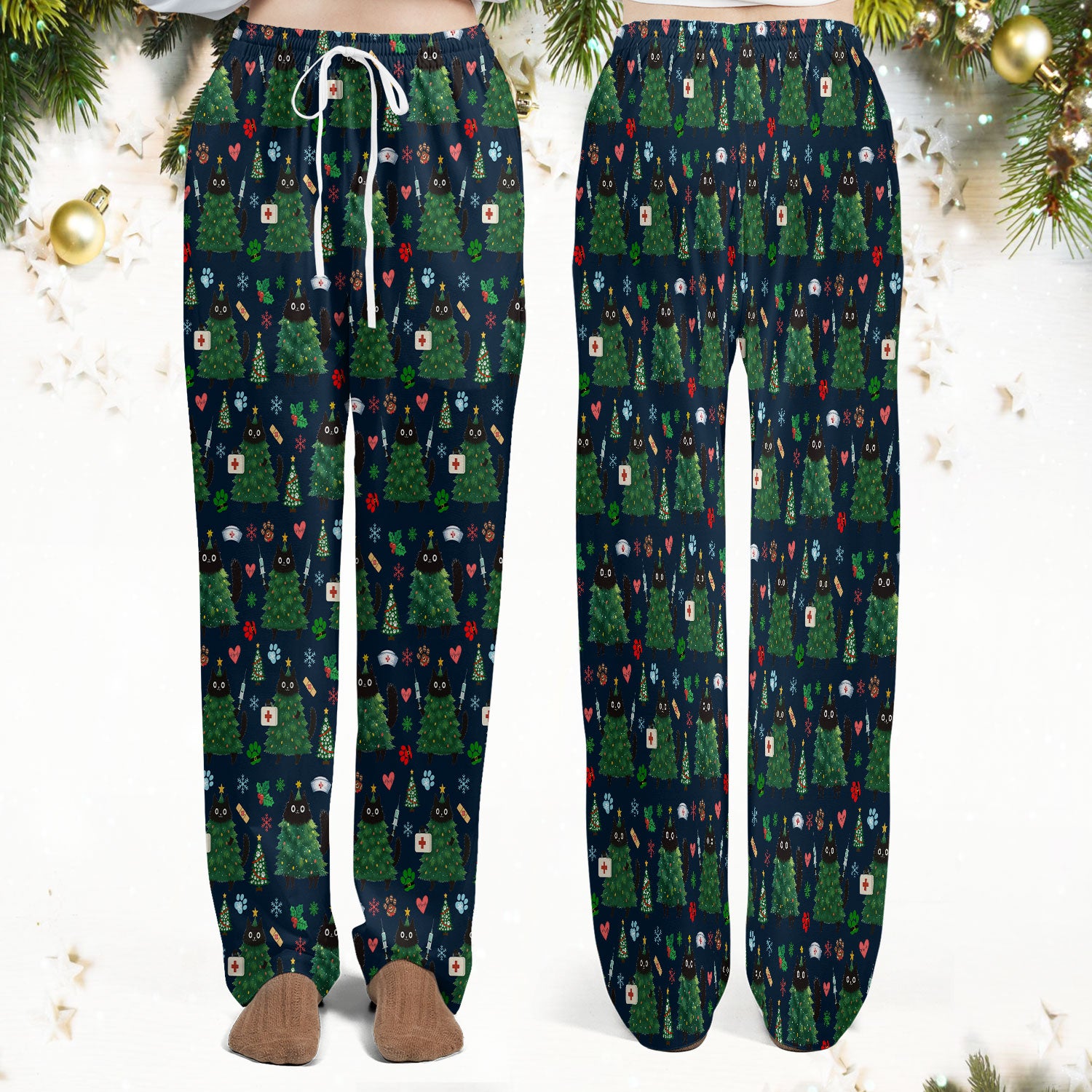 Christmas Nurse Scrub Set, Xmas Black Cat Pattern Nurse Shirt,  Breathable Fabrics Nursing Uniform