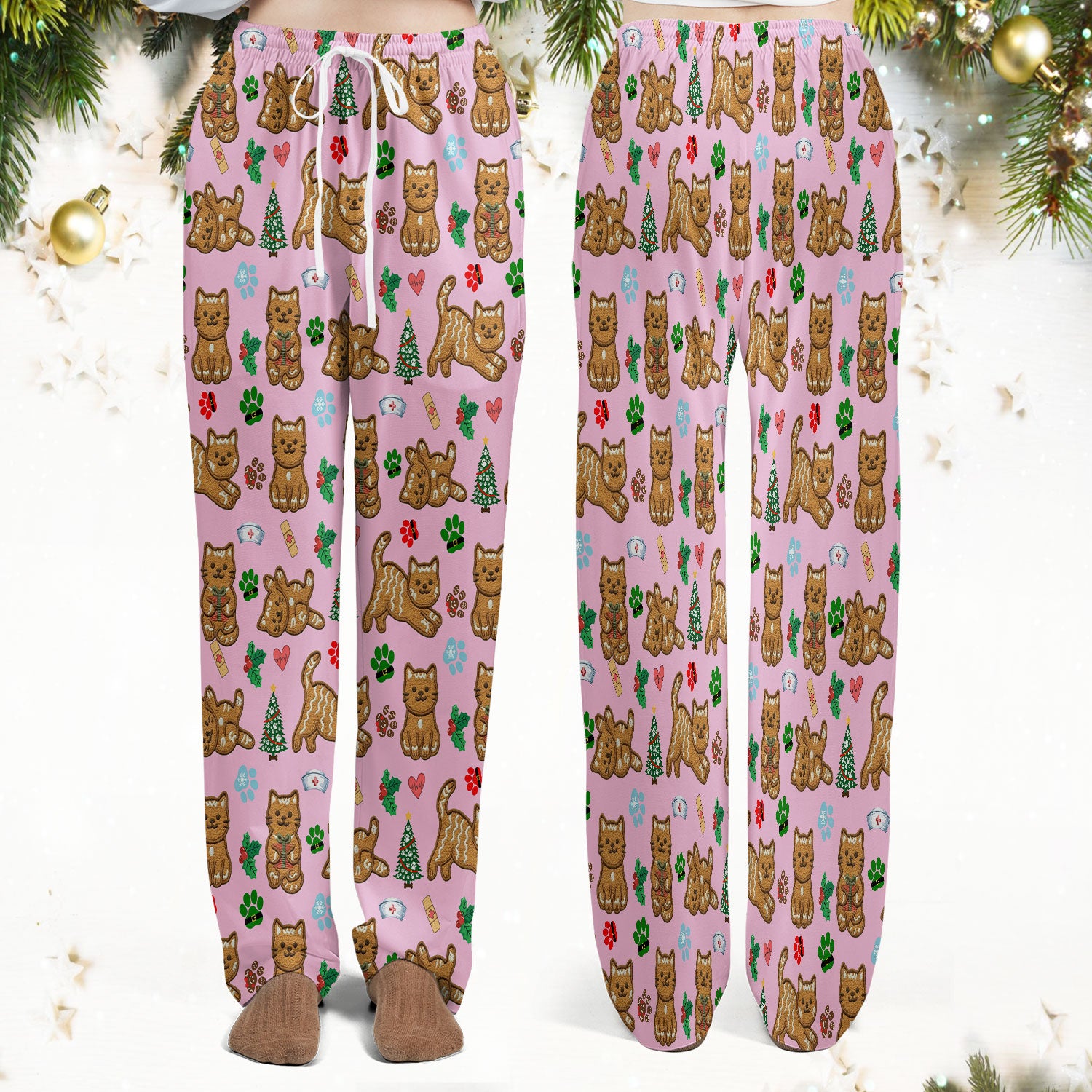 Gingerbread Cat Christmas Scrub Set, Cute Holiday Kitty Medical Uniform Shirt For Nursing, Festive Nurse Pattern