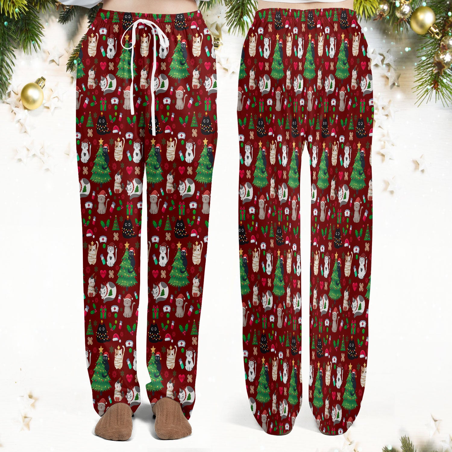 Christmas Cat Scrub Set, Xmas Pet Pattern Scrub Shirt, Breathable Fabrics Nursing Uniform