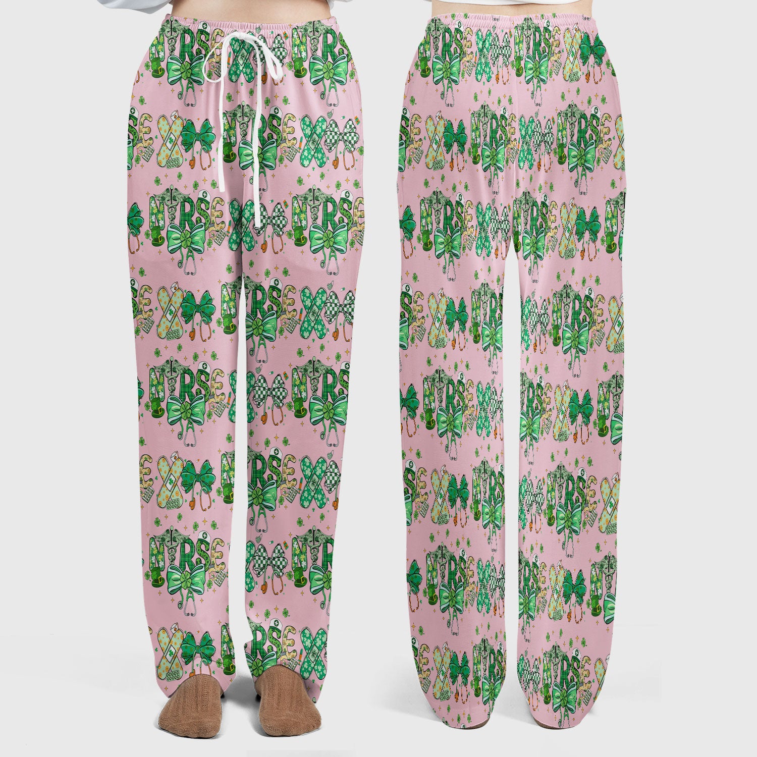 St. Patrick’s Nurse Scrub Set, Lucky Clover And Green Bow Pattern Nurse Shirt, Breathable Fabrics Nursing Uniform