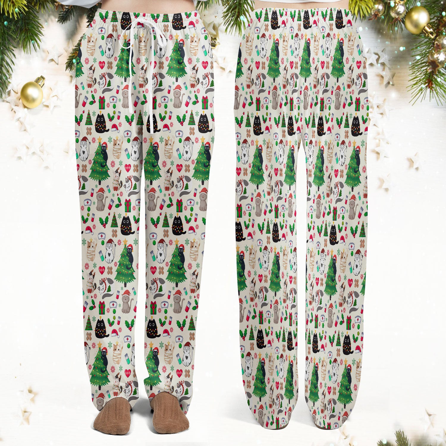Christmas Cat Scrub Set, Xmas Pet Pattern Scrub Shirt, Breathable Fabrics Nursing Uniform