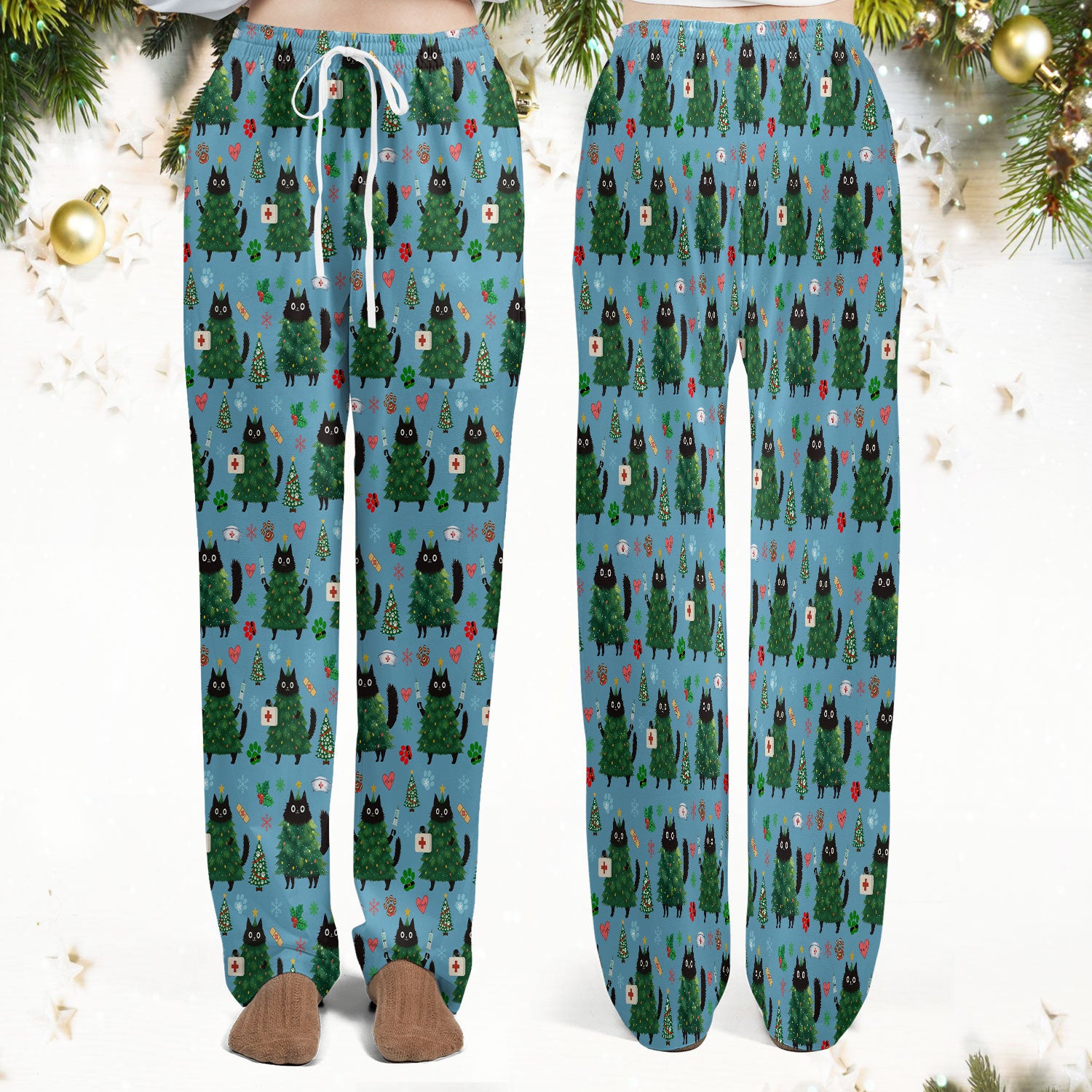 Christmas Nurse Scrub Set, Xmas Black Cat Pattern Nurse Shirt,  Breathable Fabrics Nursing Uniform
